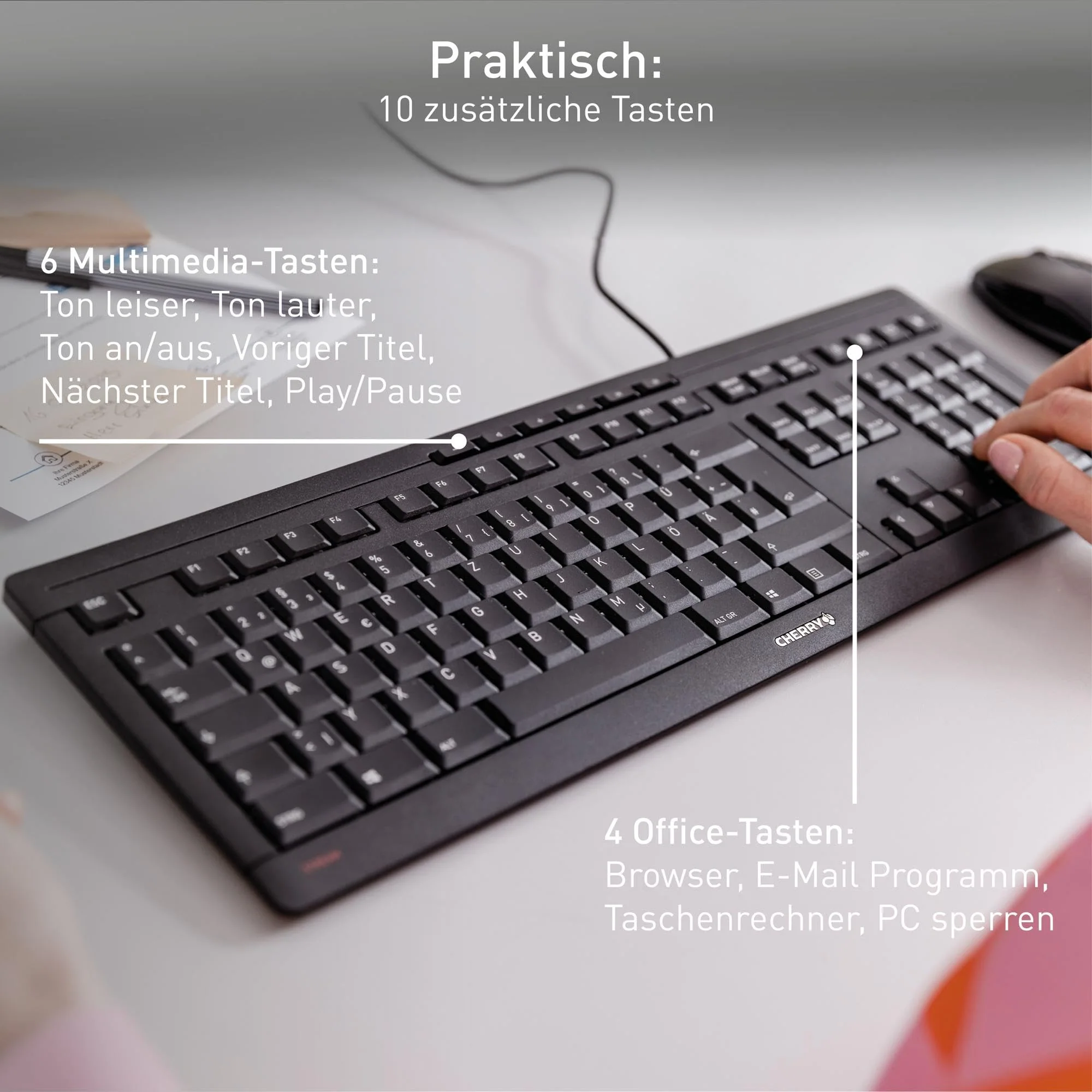 CHERRY STREAM KEYBOARD, Kabelgebundene Tastatur, Deutsches Layout (QWERTZ), Flüsterleiser Tastenanschlag, Einzigartiges Tippgefühl, Flaches Design, Schwarz - Image 4