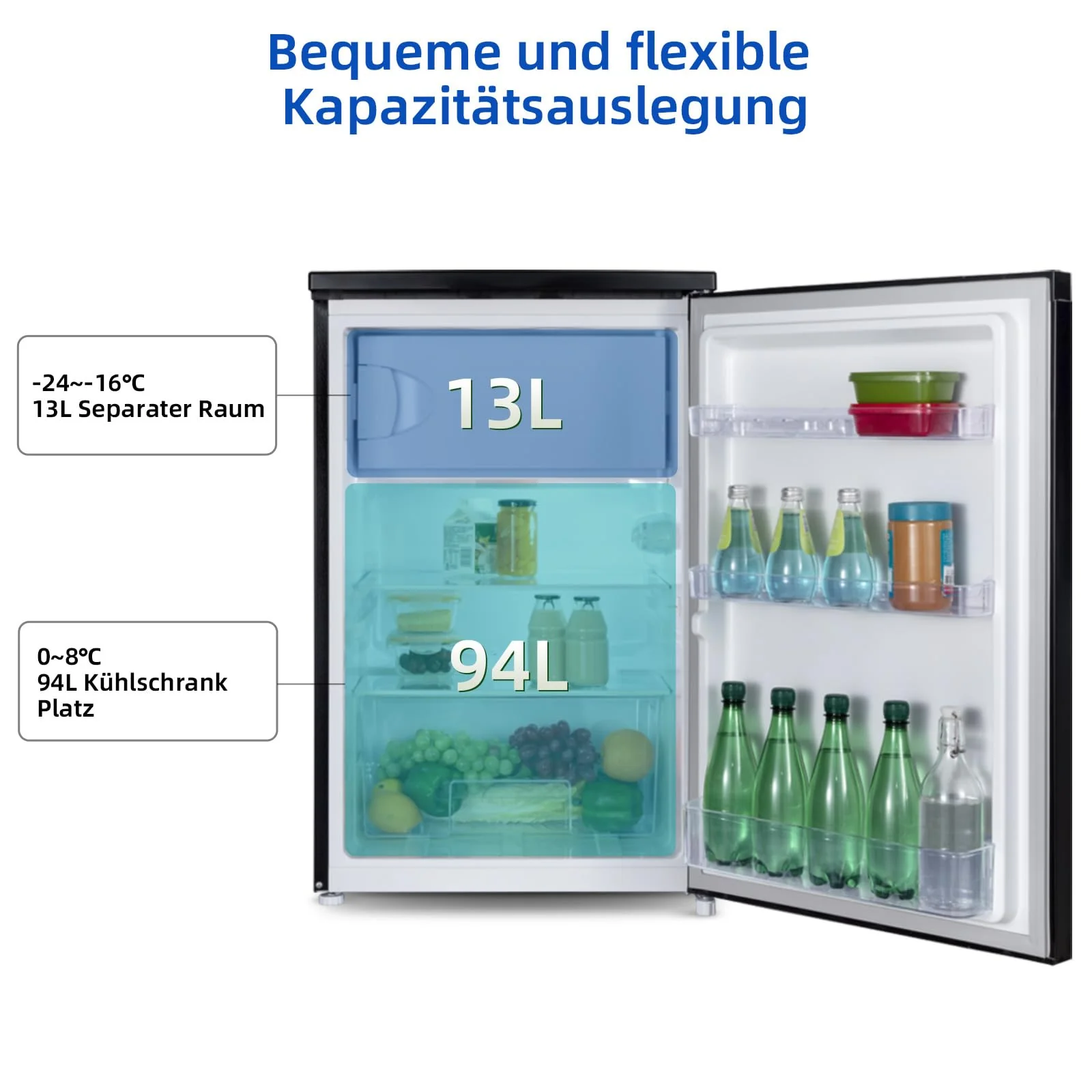 CHIQ CTT107BC Kühlschrank Klein 107 Liter, Höhe 84cm, Tiefe 55cm, Platzbedarf nur 0,3 ㎡, Mikro-Gefrierfach, Vario Box, 7 Temperaturregelstufen, geräuscharm, 87 kWh/Jahr, Schwarz - Image 7