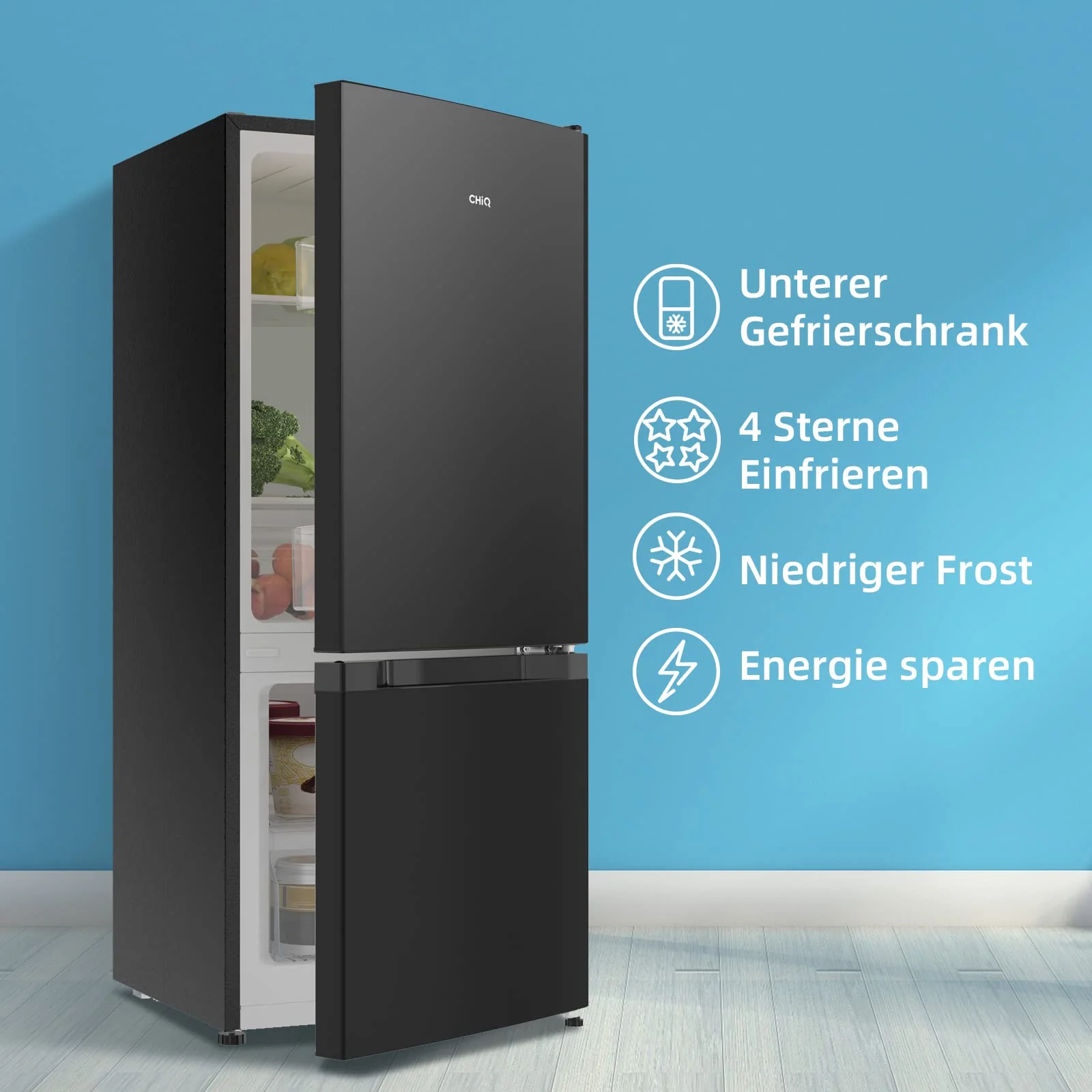 CHIQ Freistehender Kühlschrank mit Gefrierfach | Kühl-Gefrierkombination 114 cm Höhe, 47 cm Breit, 117L| 4 Sterne Gefrieren -24℃ | LED Litcht | Dunkler Edelstahl Look, for Eigentumswohnungen - Image 4