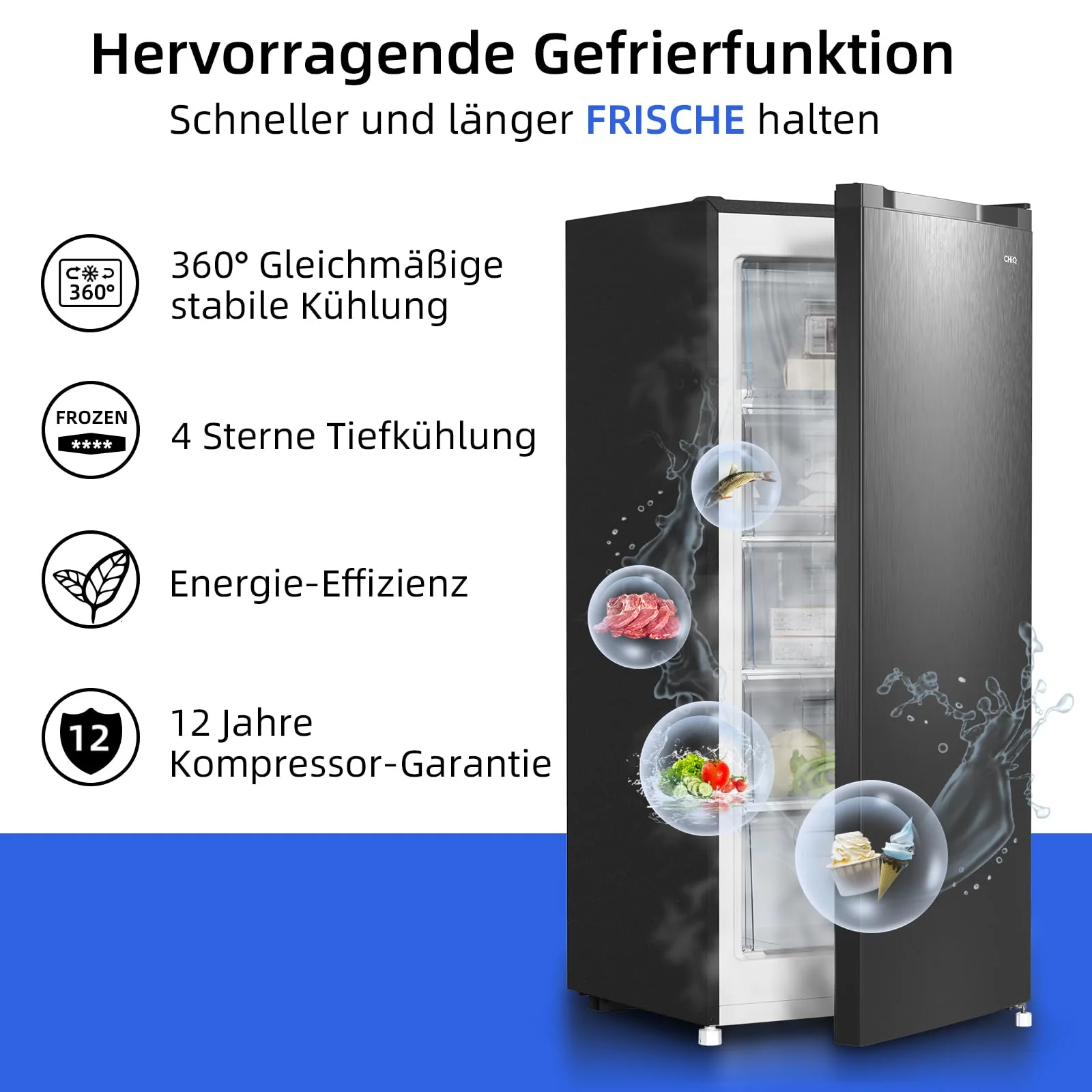 CHiQ Gefrierschrank FSD160D4E | Wechselbarer Türanschlag | Sehr Leise 41 DB (145L Manuelle Abtauung)| 12 Jahre Garantie auf den Kompressor*| 126 x 54 x 55 cm (HxBxT) - Image 15