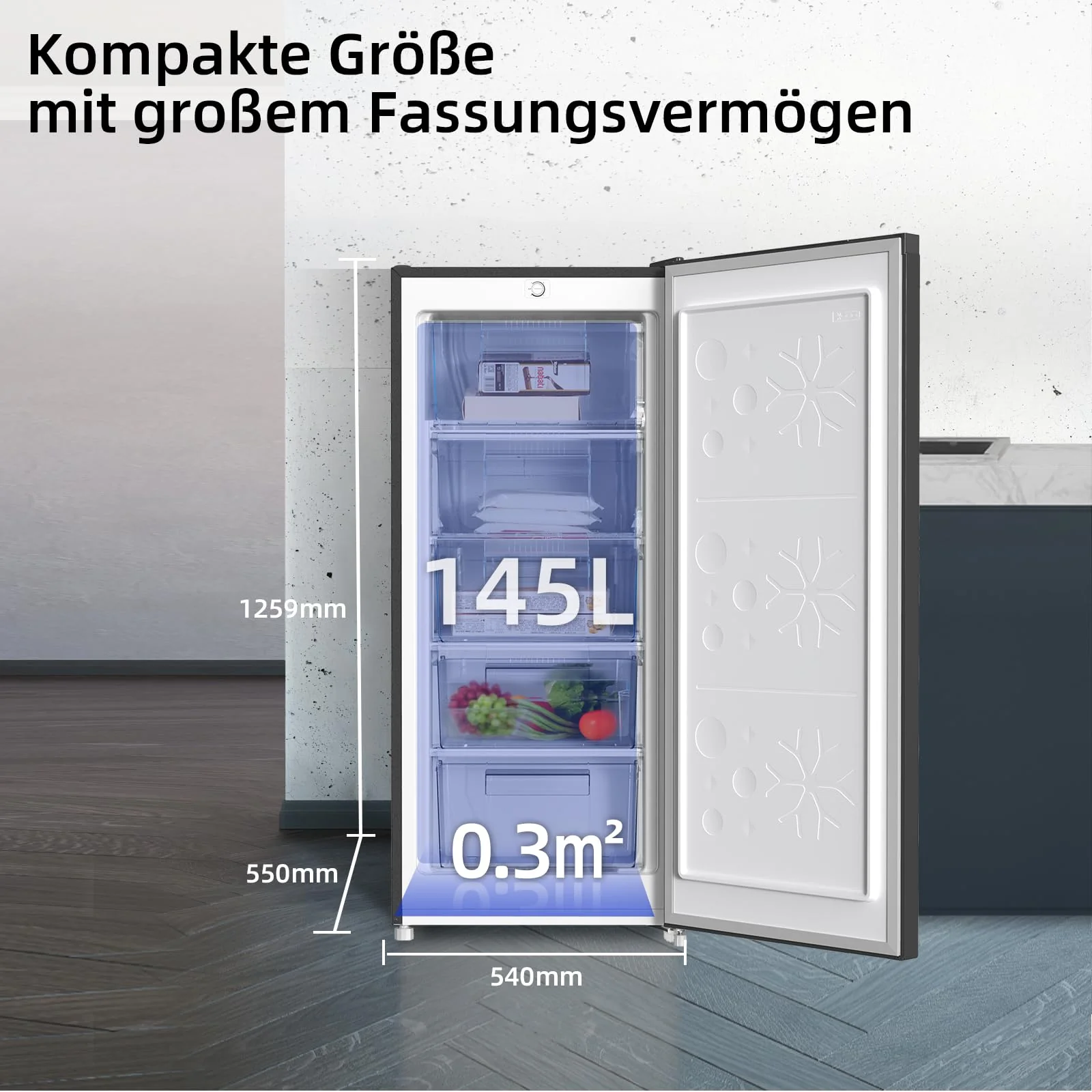 CHiQ Gefrierschrank FSD160D4E | Wechselbarer Türanschlag | Sehr Leise 41 DB (145L Manuelle Abtauung)| 12 Jahre Garantie auf den Kompressor*| 126 x 54 x 55 cm (HxBxT) - Image 7