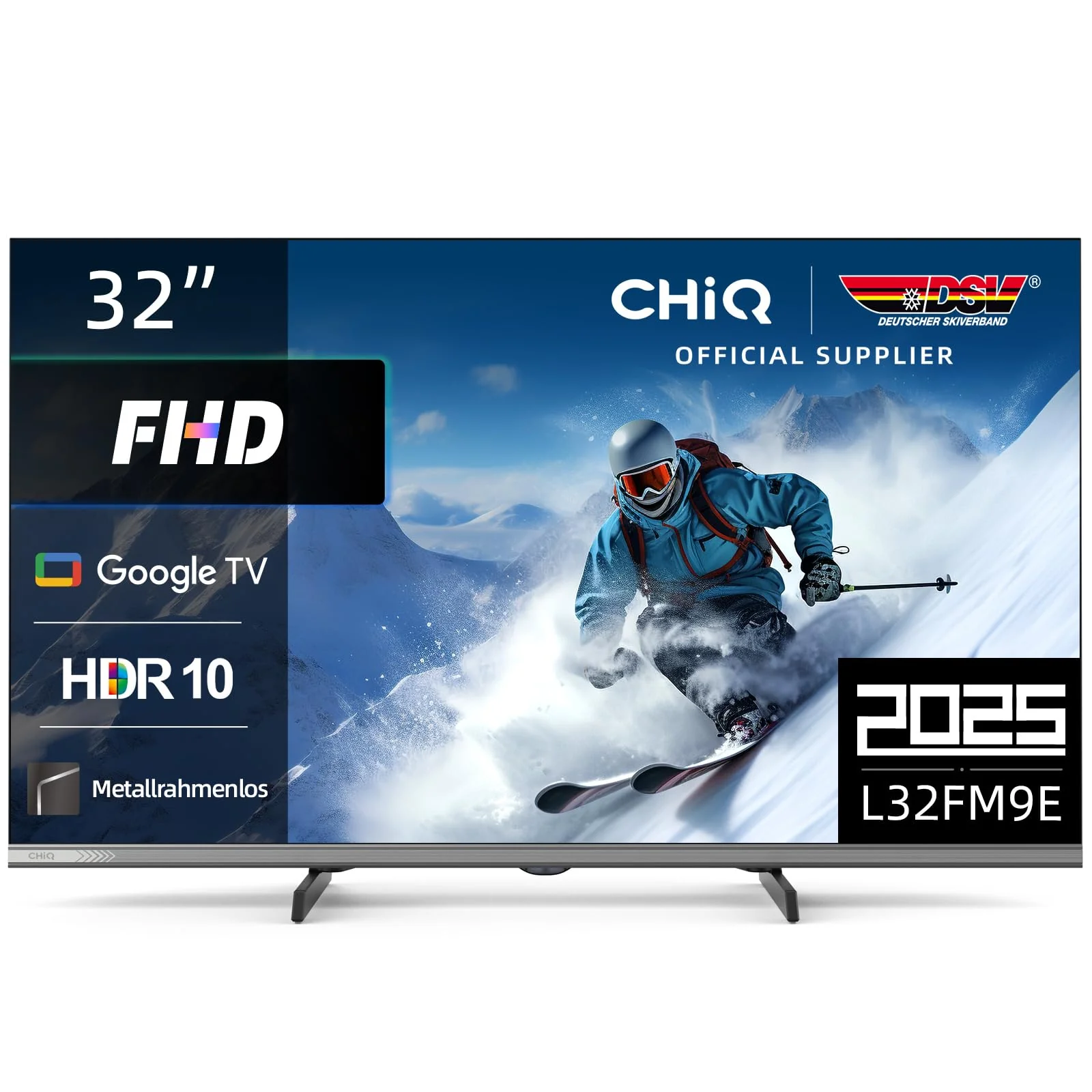 CHIQ L32FM9E 32 Zoll (80 cm) Fernseher FHD Smart TV, HDR10 & HLG, Google TV, Dolby Audio, DBX-tv, Google Assistant, Triple Tuner DVB-C/T/T2/S/S2, Chromecast integriert, Metallrahmenlos, Schwarz - Image 2