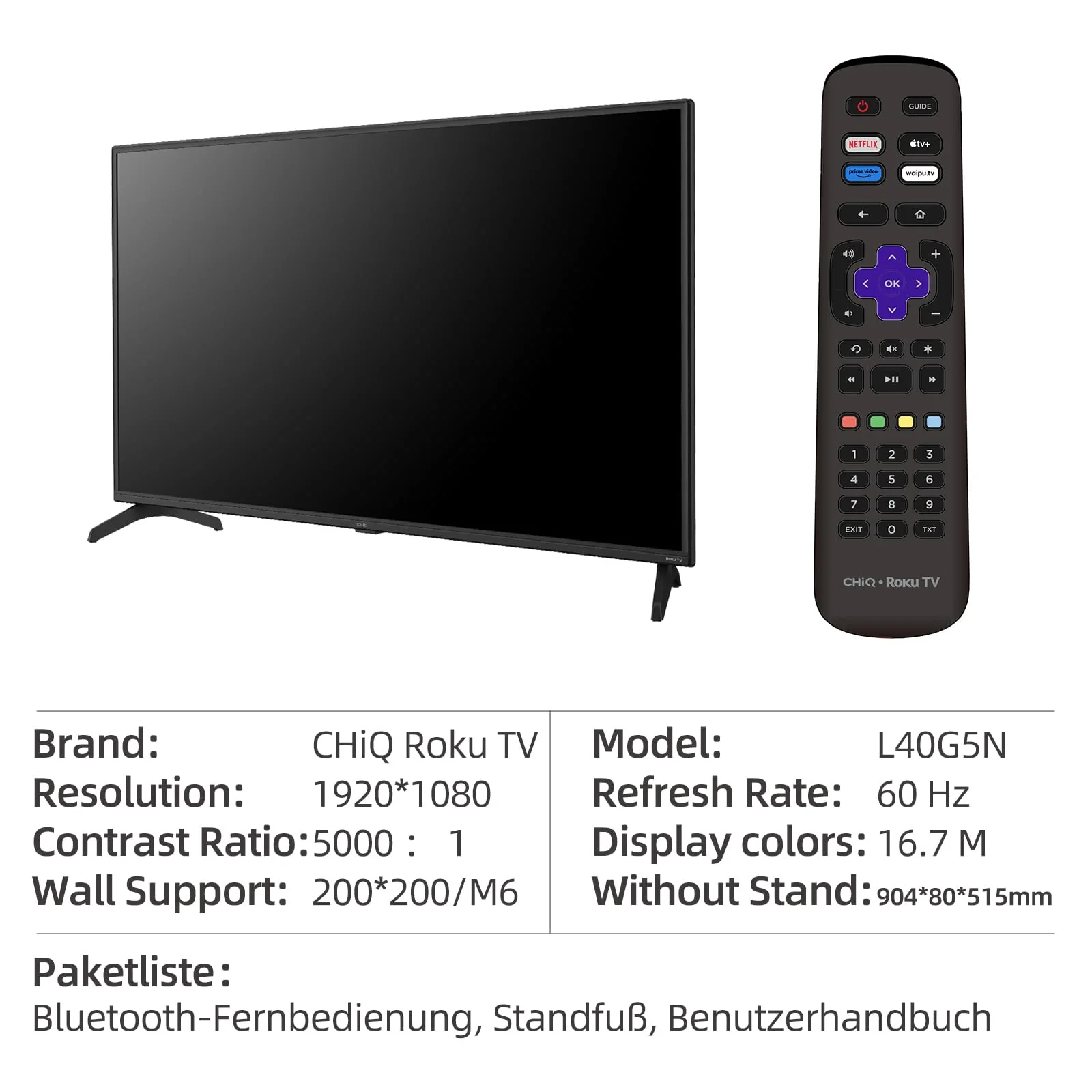 CHIQ L40G5N 40 Zoll Roku TV, FHD Smart TV, HDR10, Works with Alexa, DVB-T2/T/C/S/S2, Unterstützt Apple Air-Play, Google Assistant, Apple TV+, Prime Video, HDMI/USB, 2025 - Image 4