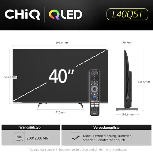CHIQ L40QST 40 Zoll (101cm) FHD, QLED Pro Smart Google TV, Kompatibel mit HDR10, DBX-tv, Apple AirPlay, Prime Video, YouTube, Dolby Audio, mit Google Sprachsteuerung, Rahmenloses Design - Image 2