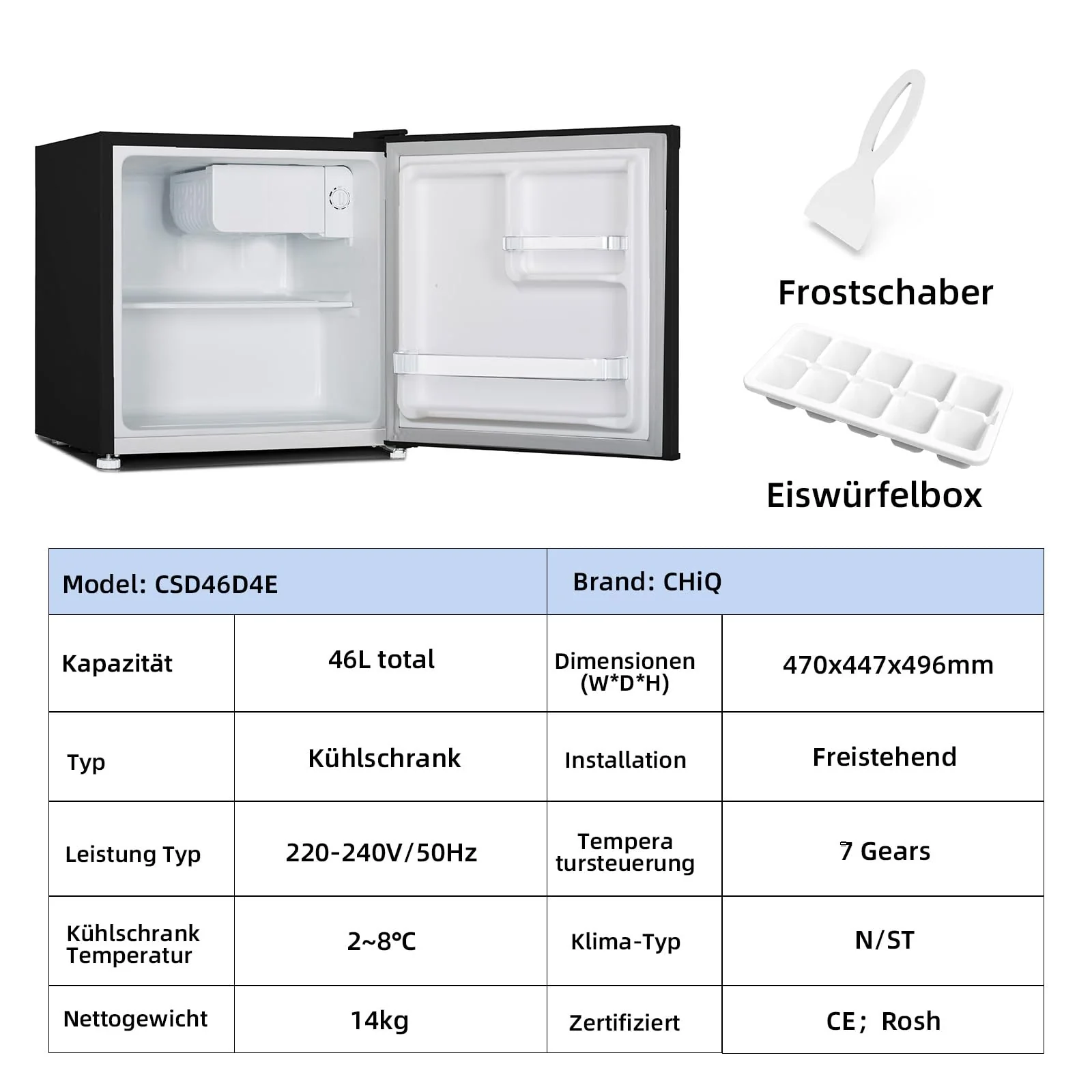 CHIQ Mini Bar Kühlschrank 46 L,Mini Kühlschrank,49,6 x 47,4 x 44,7 cm (HxBxT),E Energieverbrauch 80 kWh/Jahr,Sehr Leise 39dB,12 Jahre Garantie auf den Kompressor - Image 14