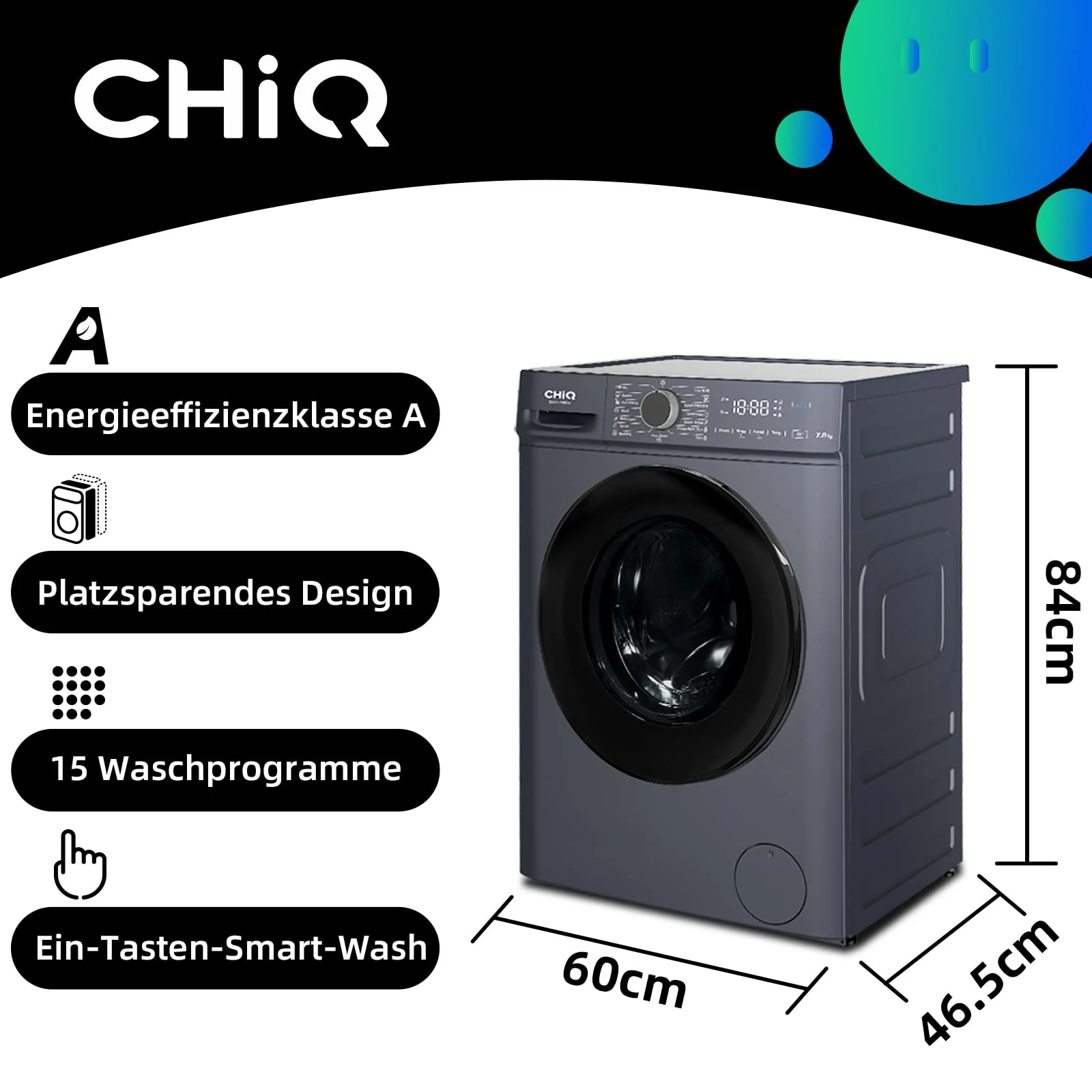 CHiQ Waschmaschine 7kg, InverterMotor, EEK A| 60x46,5x84cm, Große Tür| Eco, Speed Wash, Auto Clean, Kindersicherung|1200 U/Min, Washer Grau, CW07123863AX - Image 12