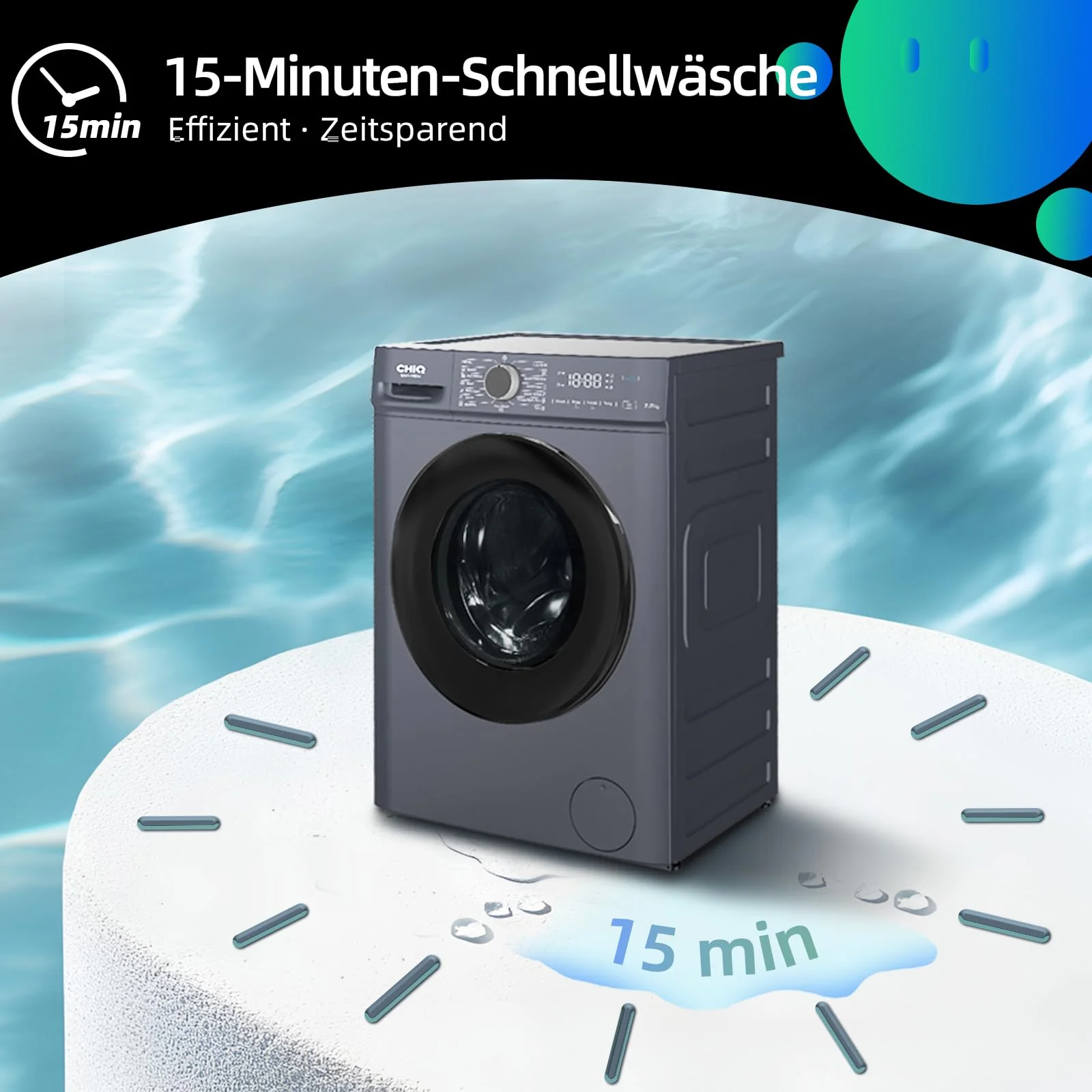 CHiQ Waschmaschine 7kg, InverterMotor, EEK A| 60x46,5x84cm, Große Tür| Eco, Speed Wash, Auto Clean, Kindersicherung|1200 U/Min, Washer Grau, CW07123863AX - Image 6