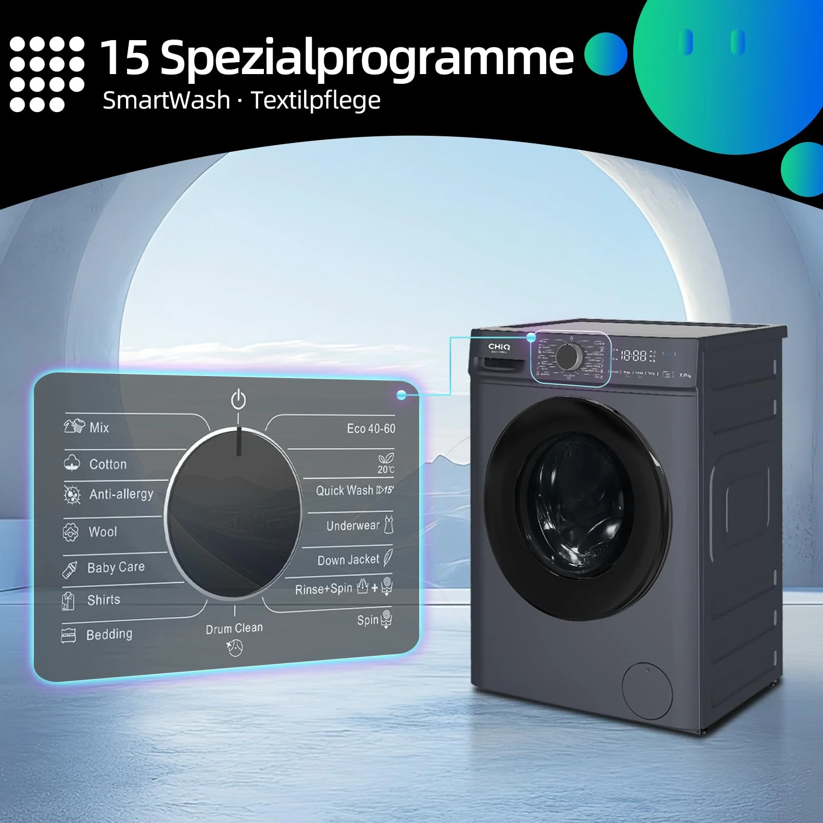 CHiQ Waschmaschine 7kg, InverterMotor, EEK A| 60x46,5x84cm, Große Tür| Eco, Speed Wash, Auto Clean, Kindersicherung|1200 U/Min, Washer Grau, CW07123863AX - Image 8