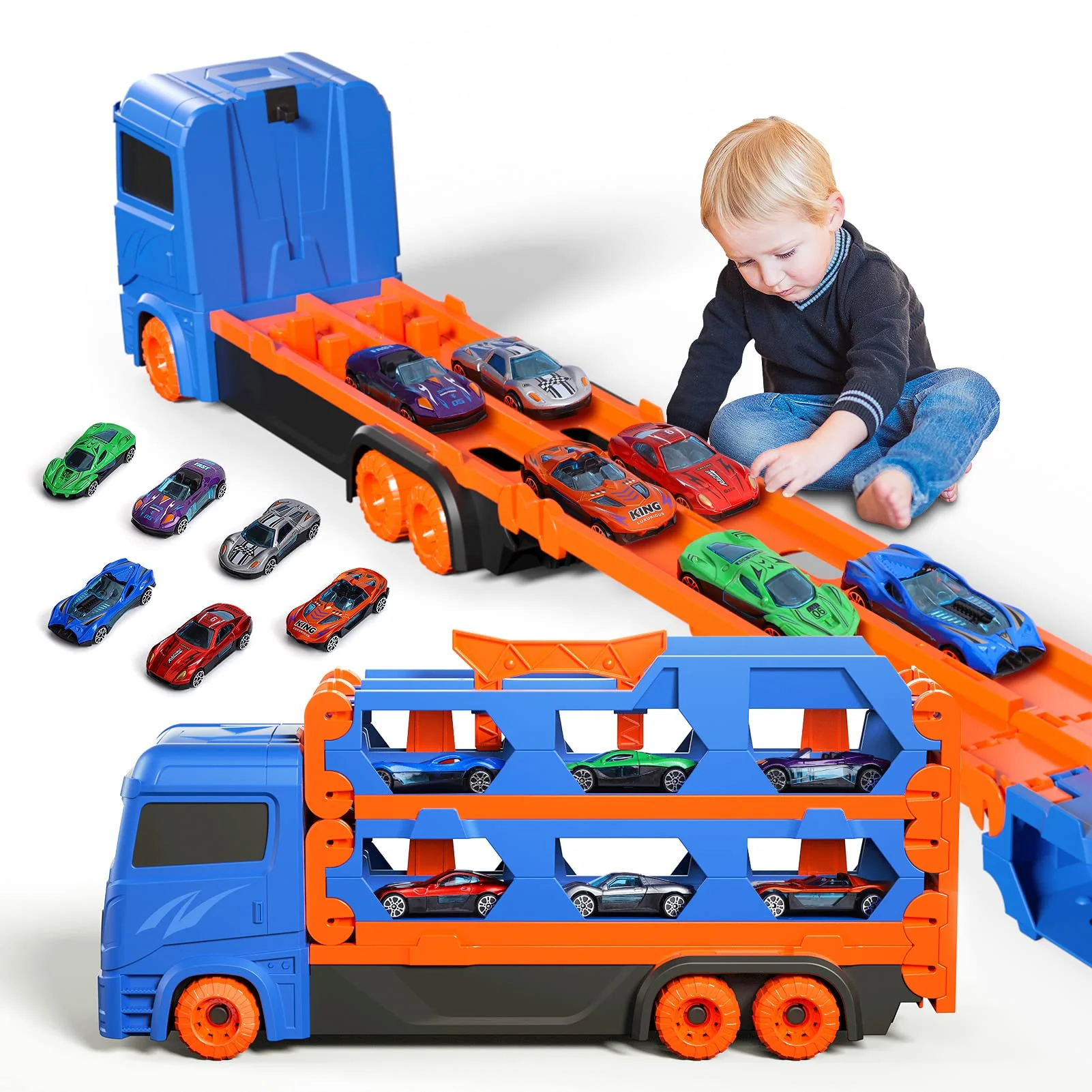 Ci Vetch Auto Spielzeug für 2-6 Jahre alte Jungen, Transport LKW Auto Spielzeug mit 61-Zoll-Rennstrecke, Blau