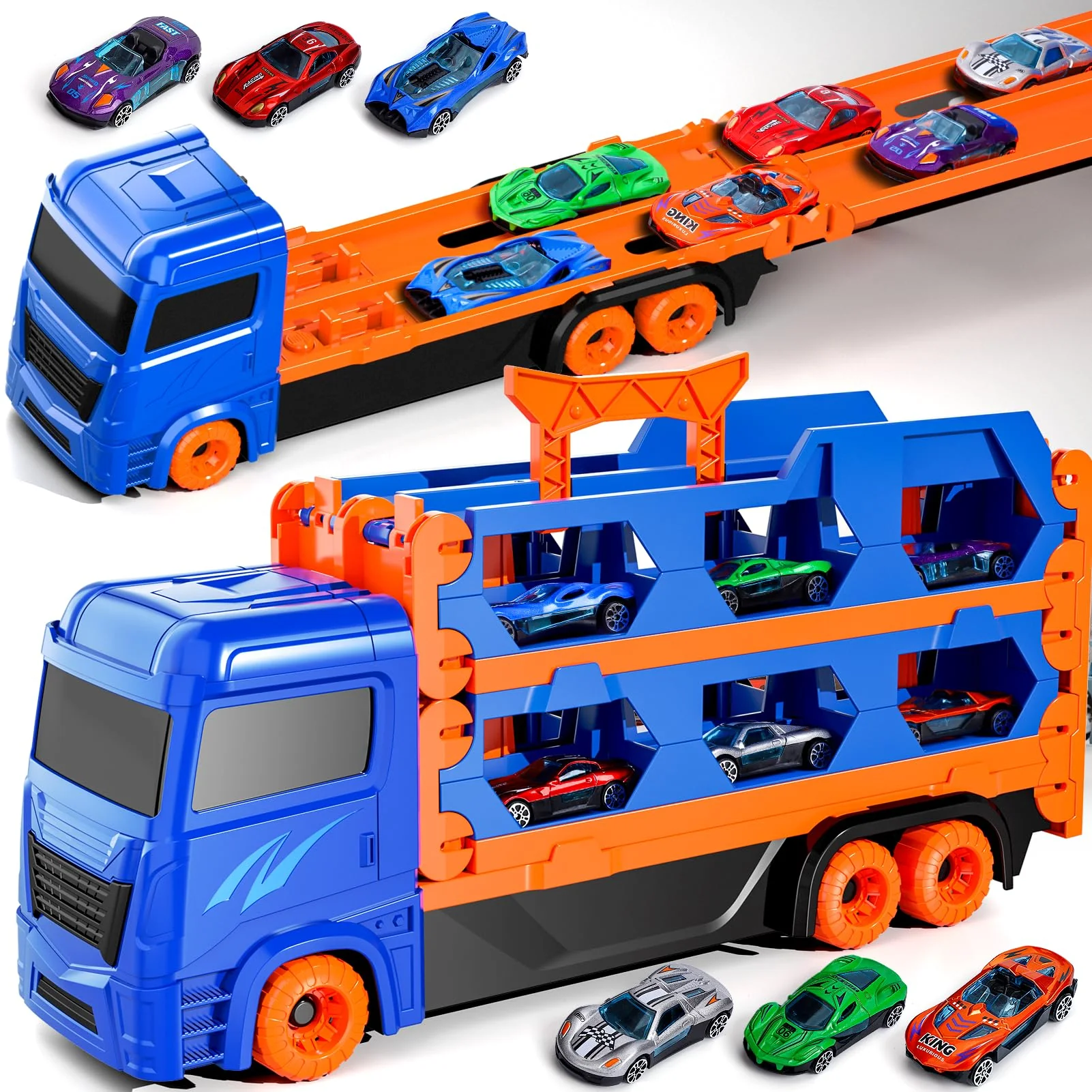 Ci Vetch Auto Spielzeug für 2-6 Jahre alte Jungen, Transport LKW Auto Spielzeug mit 61-Zoll-Rennstrecke, Blau - Image 2