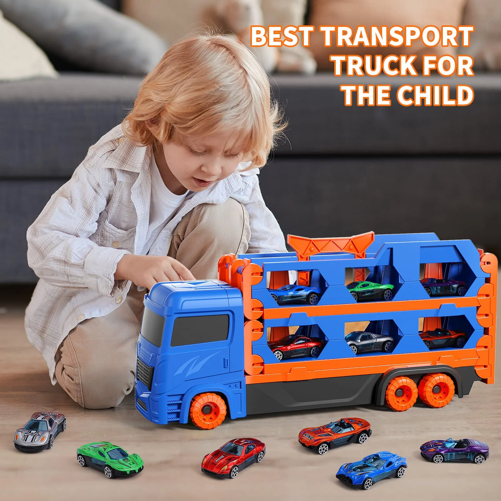 Ci Vetch Auto Spielzeug für 2-6 Jahre alte Jungen, Transport LKW Auto Spielzeug mit 61-Zoll-Rennstrecke, Blau - Image 5