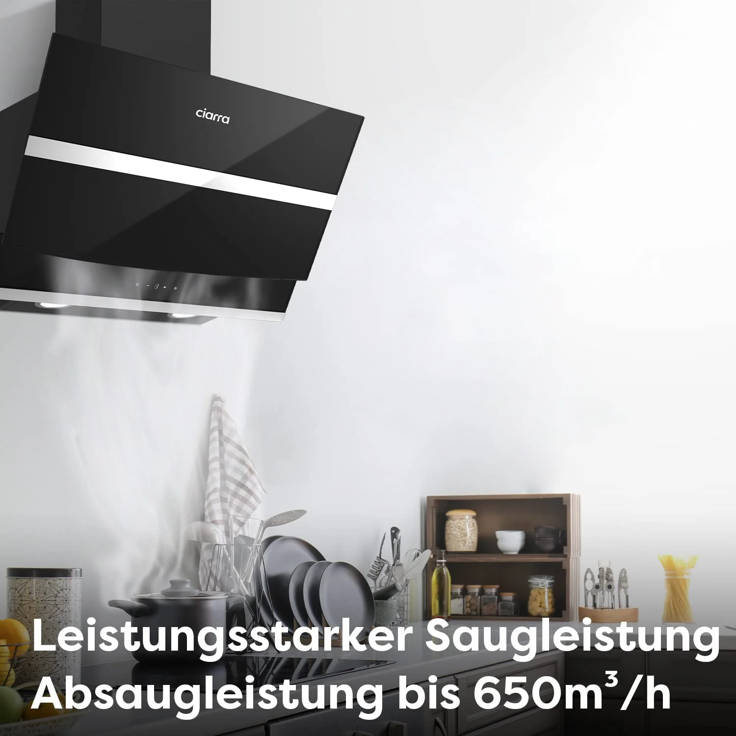 CIARRA CBCB6736N Kopffreie Schräghaube Dunstabzugshaube 60 cm 650 m³/h Touch Control Dimmbar LED-Beleuchtung Abluft Umluft mit CBCF003 Aktivkohlefilter Glas Schwarz - Image 3