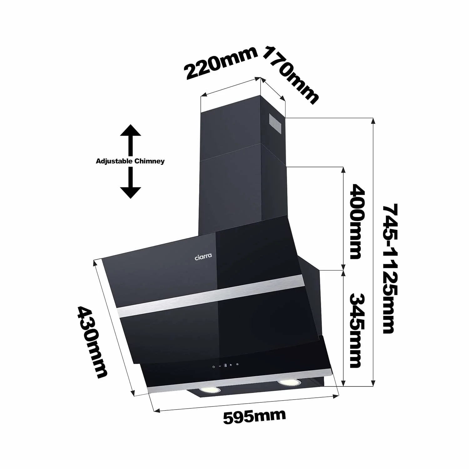 CIARRA CBCB6736N Kopffreie Schräghaube Dunstabzugshaube 60 cm 650 m³/h Touch Control Dimmbar LED-Beleuchtung Abluft Umluft mit CBCF003 Aktivkohlefilter Glas Schwarz - Image 4