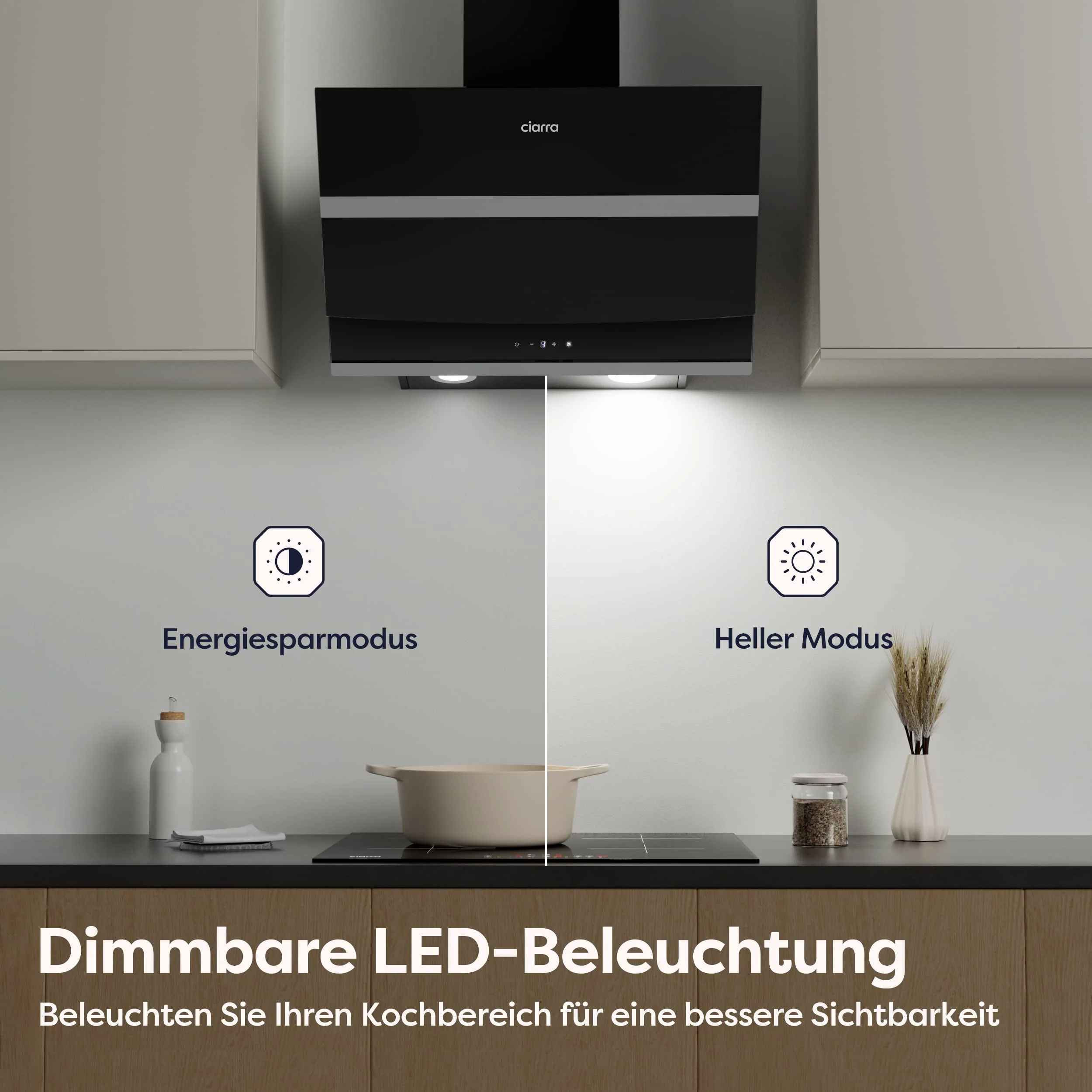 CIARRA CBCB6736N Kopffreie Schräghaube Dunstabzugshaube 60 cm 650 m³/h Touch Control Dimmbar LED-Beleuchtung Abluft Umluft mit CBCF003 Aktivkohlefilter Glas Schwarz - Image 8
