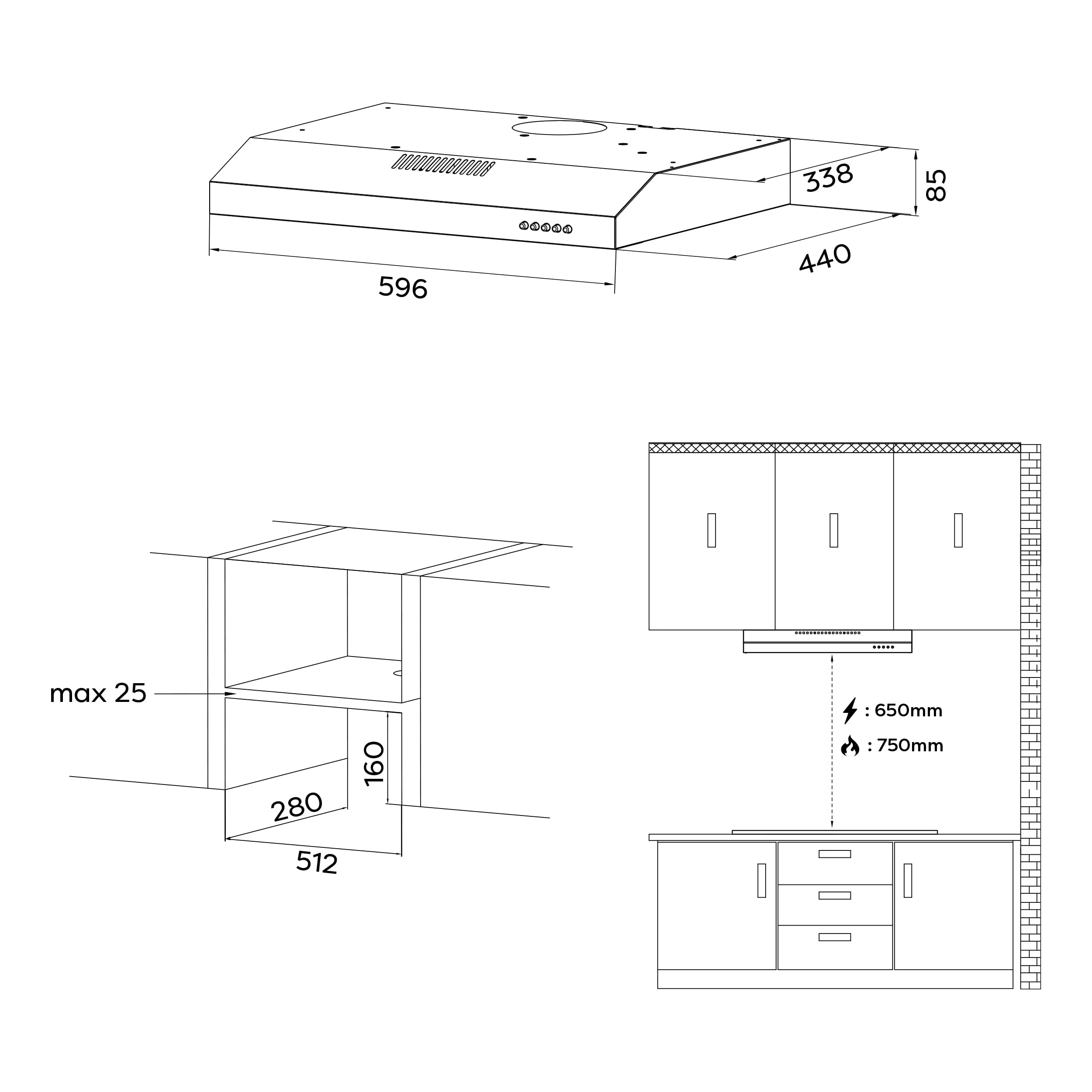 CIARRA CBCB6903D A+ Dunstabzugshaube Unterbau 60cm Umlufthaube Umluft Abluft 3 Leistungsstufen Integrierte Unterschrank Unterbauhaube mit CBCF009 Kohlefilter Schwarz - Image 3