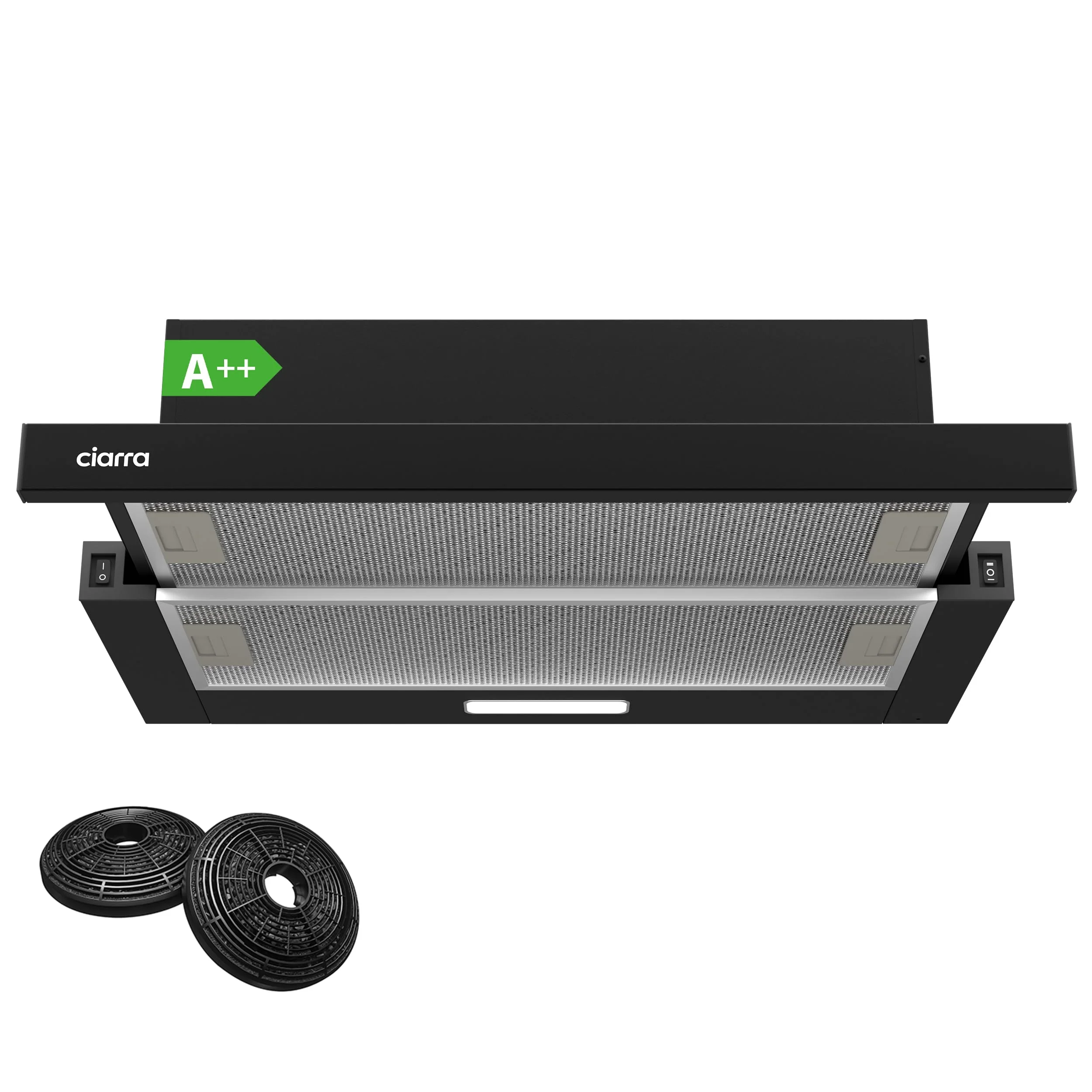 CIARRA CBCB6906D A++ Dunstabzugshaube 60 cm Flachschirmhaube 370 m³/h mit CBCF002X2 Aktivkohlefilter Integrierte Einbau Flach Abluft Umluft Abzugshaube 2 Stufen LED-Beleuchtung Schwarz - Image 3