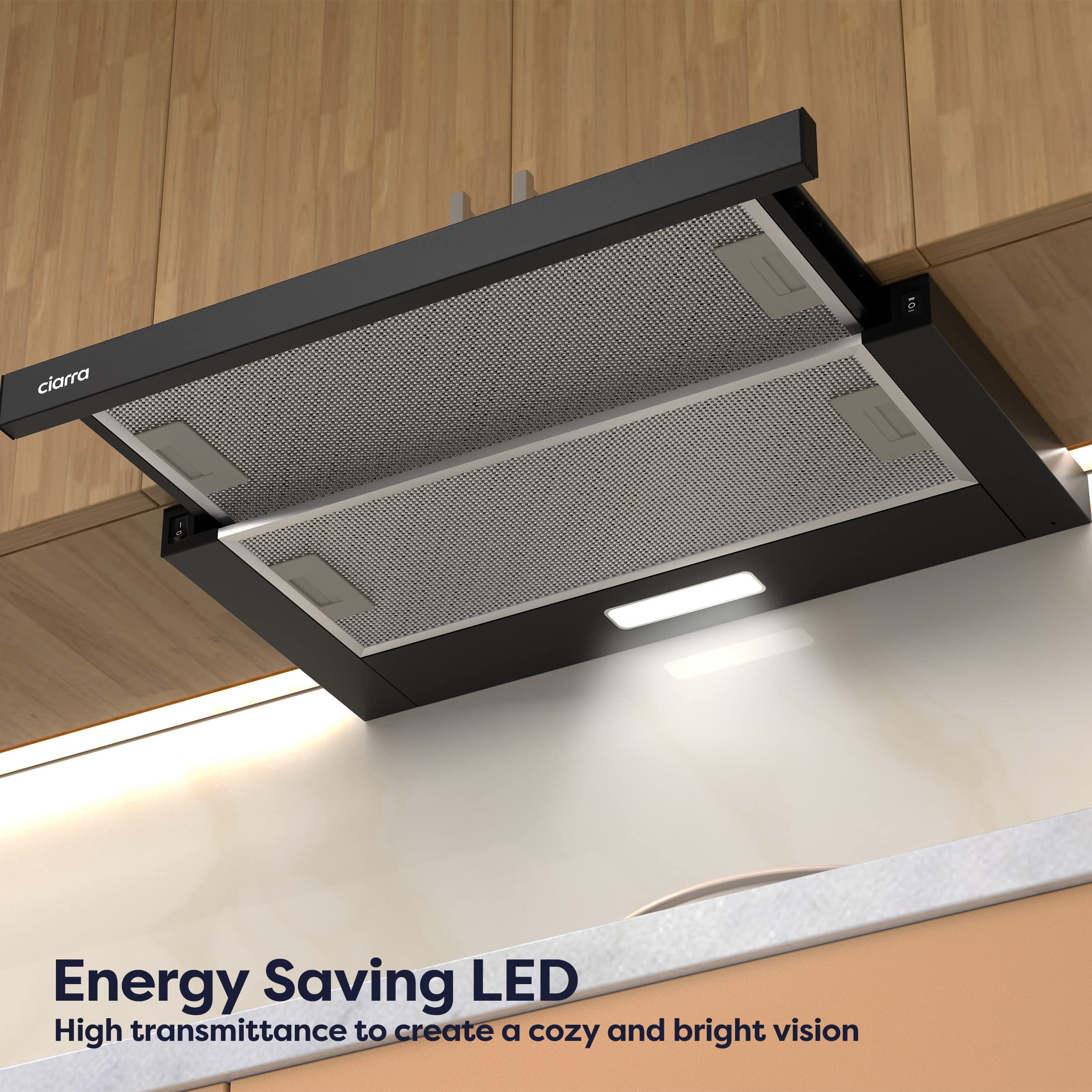 CIARRA CBCB6906D A++ Dunstabzugshaube 60 cm Flachschirmhaube 370 m³/h mit CBCF002X2 Aktivkohlefilter Integrierte Einbau Flach Abluft Umluft Abzugshaube 2 Stufen LED-Beleuchtung Schwarz - Image 5