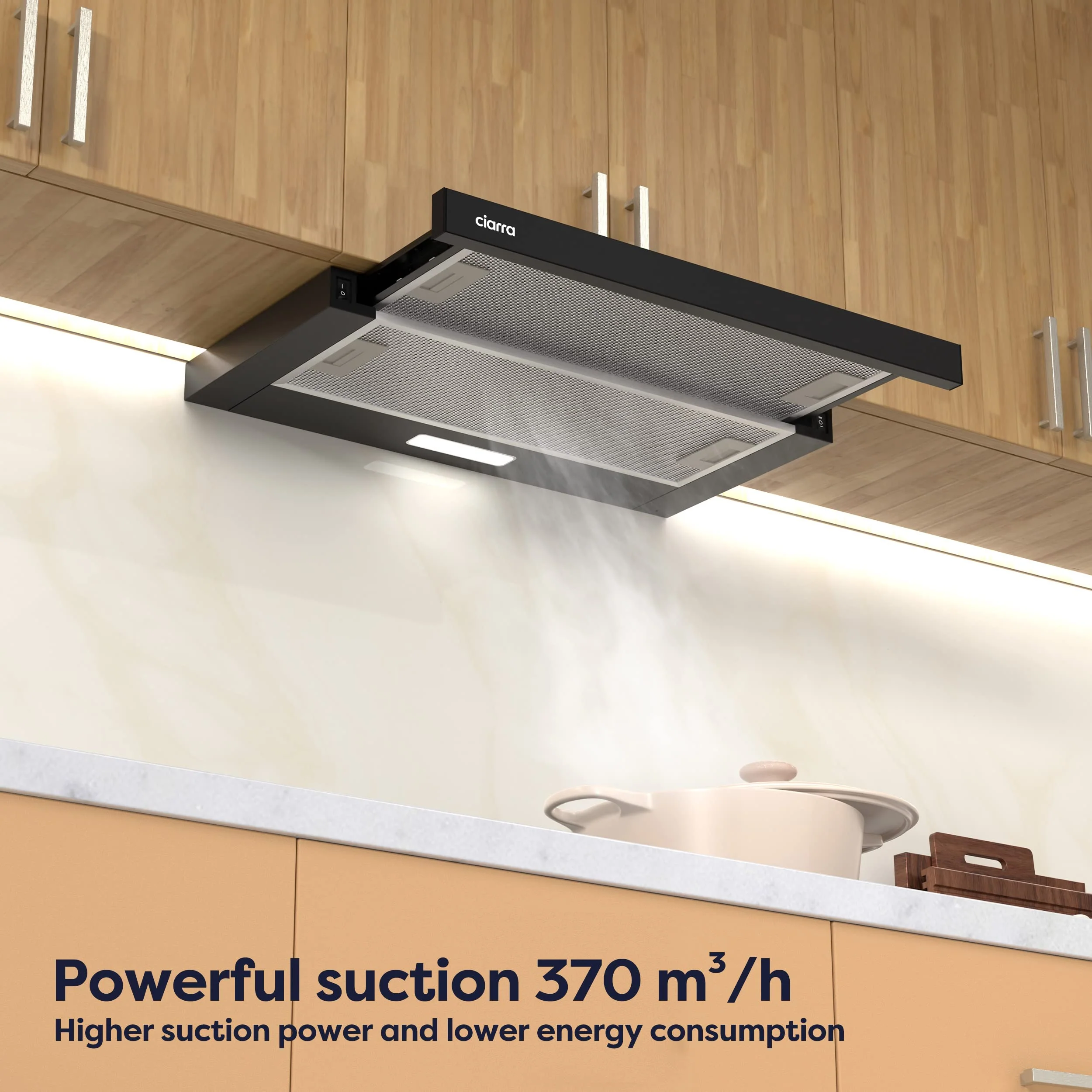 CIARRA CBCB6906D A++ Dunstabzugshaube 60 cm Flachschirmhaube 370 m³/h mit CBCF002X2 Aktivkohlefilter Integrierte Einbau Flach Abluft Umluft Abzugshaube 2 Stufen LED-Beleuchtung Schwarz - Image 9