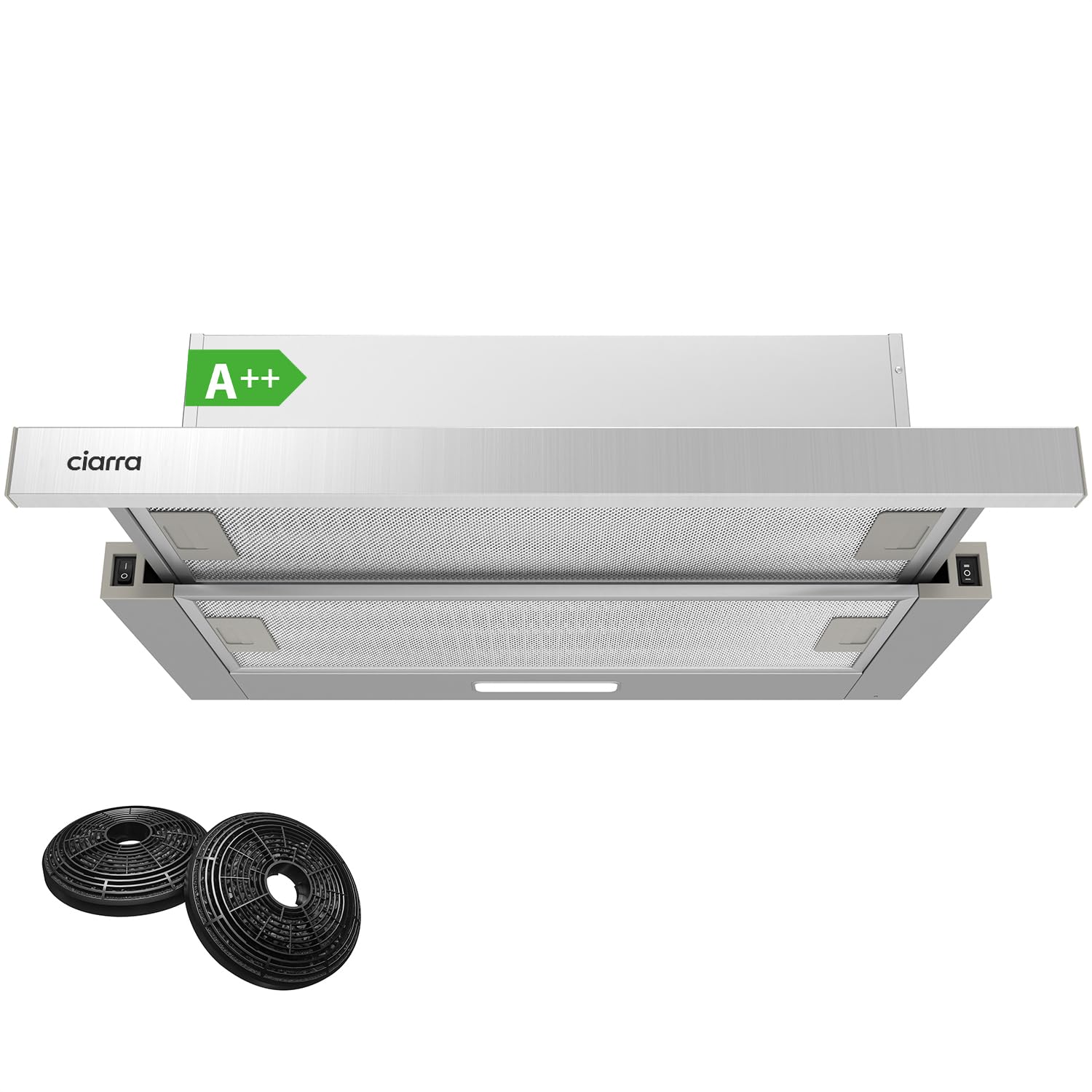CIARRA CBCS6906D A++ Flachschirmhaube Dunstabzugshaube 60 cm Umluft 370 m³/h mit CBCF002X2 Aktivkohlefilter Integrierte Einbau Flach Abluft Abzugshaube 2 Stufen LED-Beleuchtung Silber - Image 3