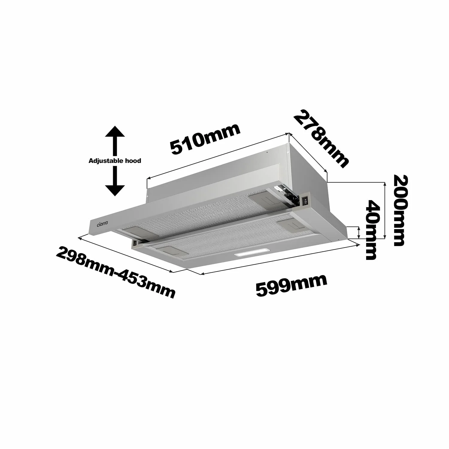 CIARRA CBCS6906D A++ Flachschirmhaube Dunstabzugshaube 60 cm Umluft 370 m³/h mit CBCF002X2 Aktivkohlefilter Integrierte Einbau Flach Abluft Abzugshaube 2 Stufen LED-Beleuchtung Silber - Image 6