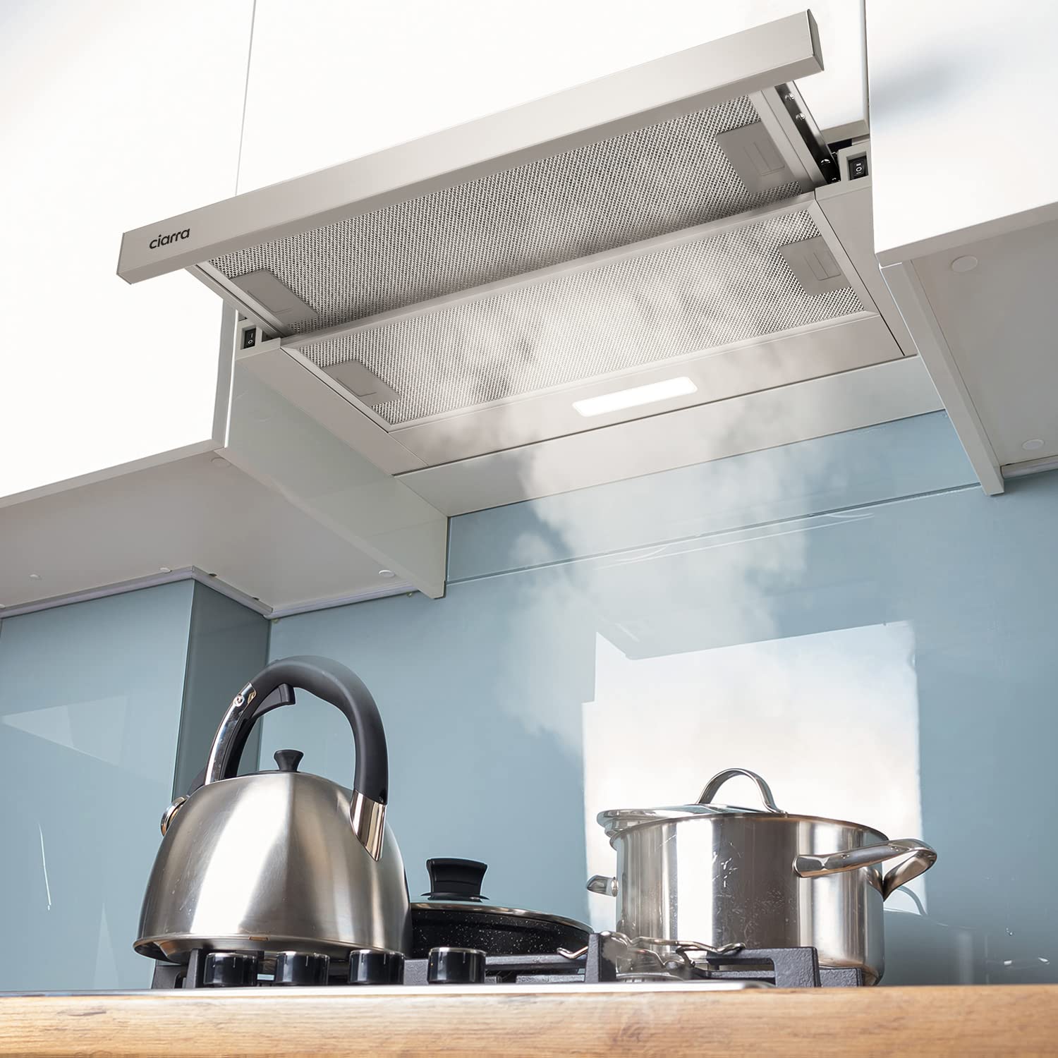 CIARRA CBCS6906D A++ Flachschirmhaube Dunstabzugshaube 60 cm Umluft 370 m³/h mit CBCF002X2 Aktivkohlefilter Integrierte Einbau Flach Abluft Abzugshaube 2 Stufen LED-Beleuchtung Silber - Image 7