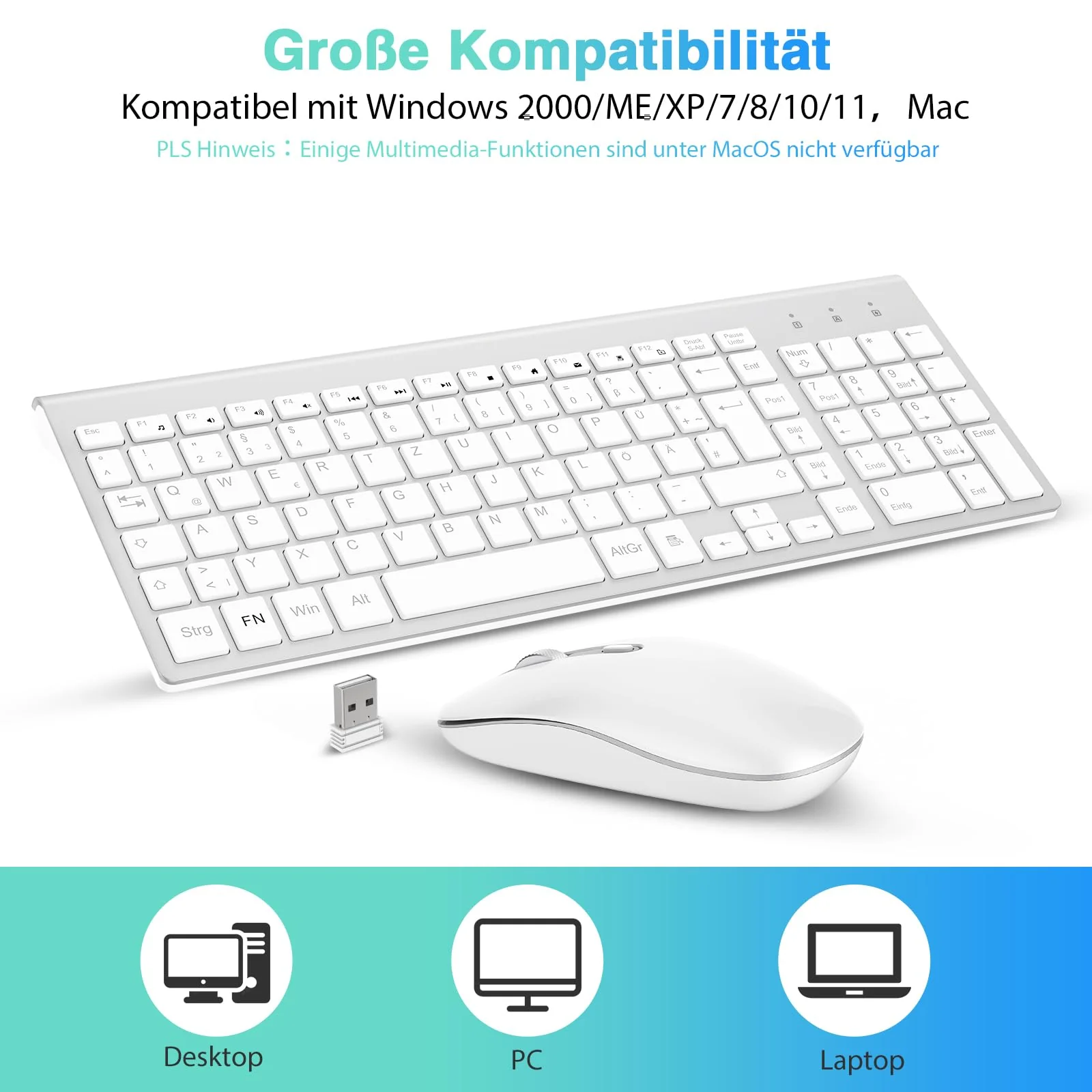cimetech Tastatur Maus Set Kabellos, 2.4G Ultraslim Kabellose Tastatur mit Funkmaus, QWERTZ Deutsches Layout, 10m Reichweite, für PC, Desktop, Notebook, Laptop, Windows (Silber) - Image 6