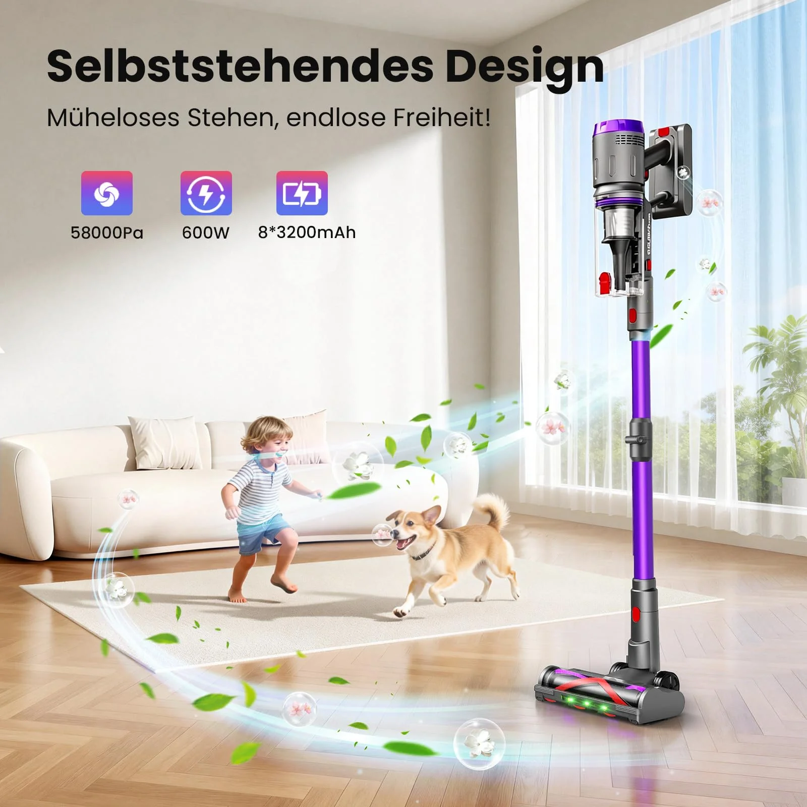 Circlio Akku Staubsauger, 600W/58000Pa/75Min, Laufzeit Staubsauger Kabellos mit Smart LED Display und Ladestation, Selbststehender Akkusauger mit Antitanglebürste für Teppich, Hartboden und Tierhaare - Image 4