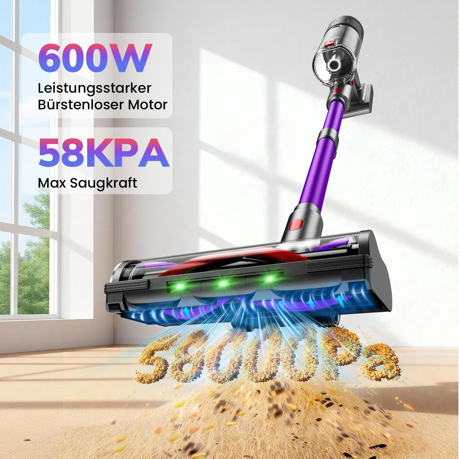 Circlio Akku Staubsauger, 600W/58000Pa/75Min, Laufzeit Staubsauger Kabellos mit Smart LED Display und Ladestation, Selbststehender Akkusauger mit Antitanglebürste für Teppich, Hartboden und Tierhaare - Image 9