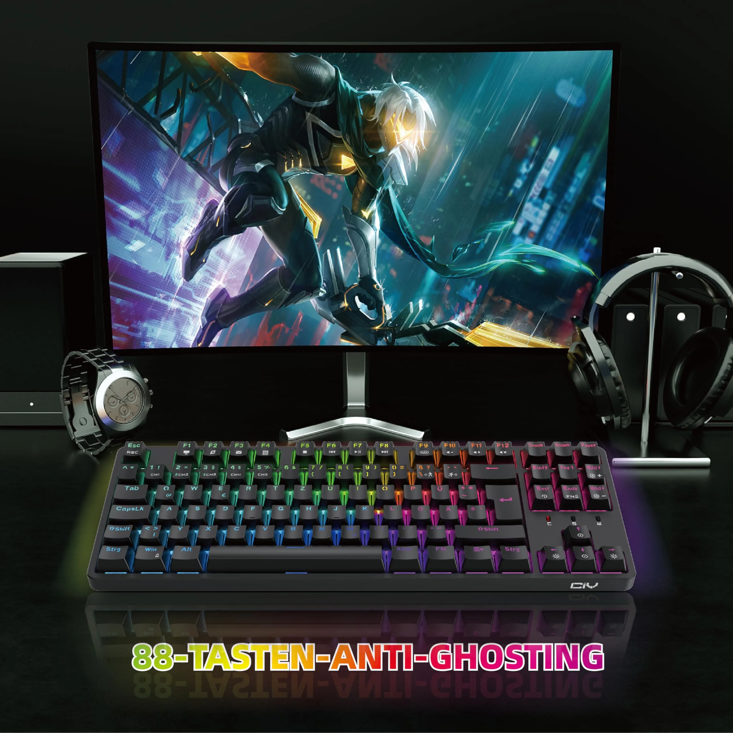CIY X77 Mechanische Gaming Tastatur丨88 Tastaten QWERTZ Layout丨Programmierbare RGB丨Drei höhenverstellbar丨Typ-C-Kabel丨Hot-Swap-fähige Tastatur für Win/Mac (Schwarz + Roter Schalter) - Image 3