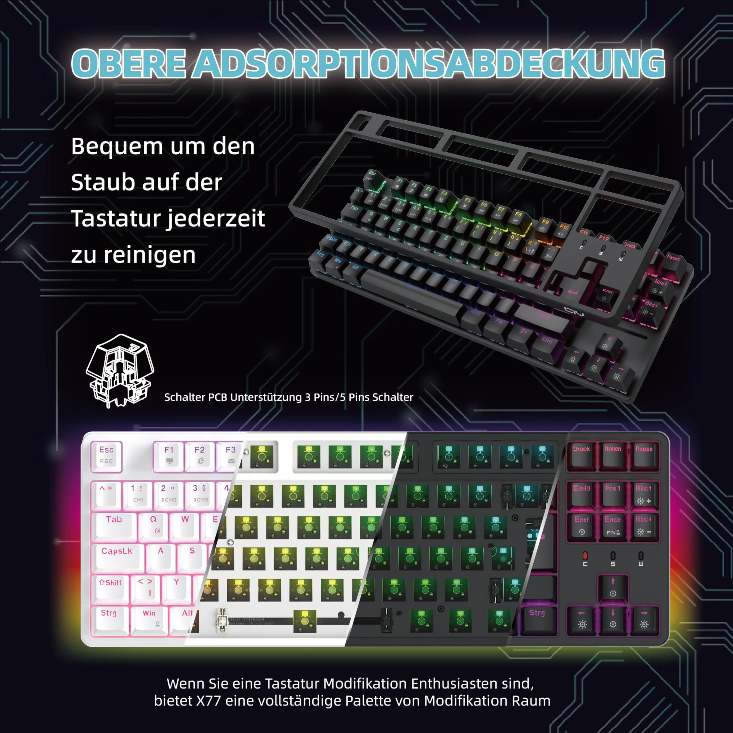 CIY X77 Mechanische Gaming Tastatur丨88 Tastaten QWERTZ Layout丨Programmierbare RGB丨Drei höhenverstellbar丨Typ-C-Kabel丨Hot-Swap-fähige Tastatur für Win/Mac (Schwarz + Roter Schalter) - Image 4