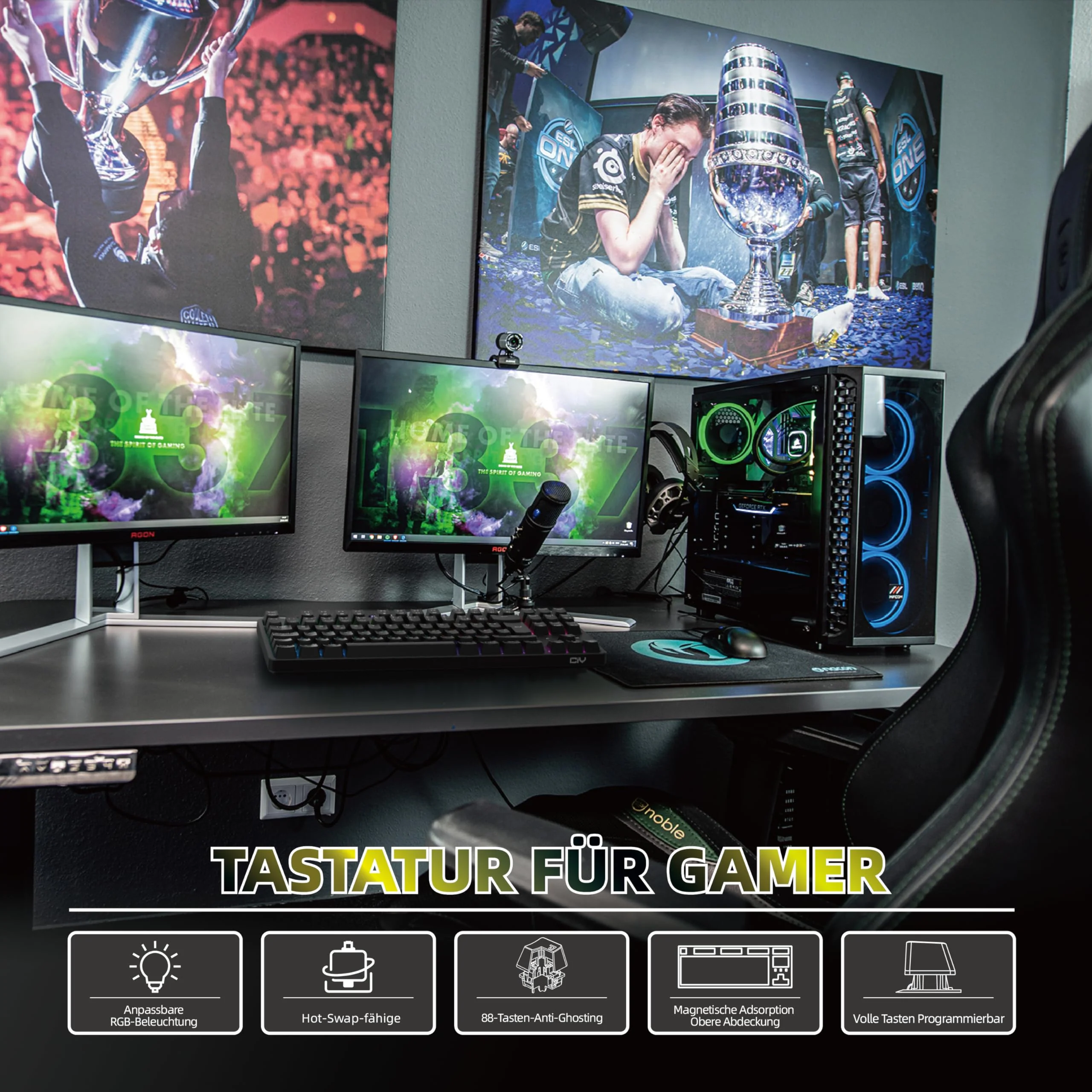 CIY X77 Mechanische Gaming Tastatur丨88 Tastaten QWERTZ Layout丨Programmierbare RGB丨Drei höhenverstellbar丨Typ-C-Kabel丨Hot-Swap-fähige Tastatur für Win/Mac (Schwarz + Roter Schalter) - Image 5