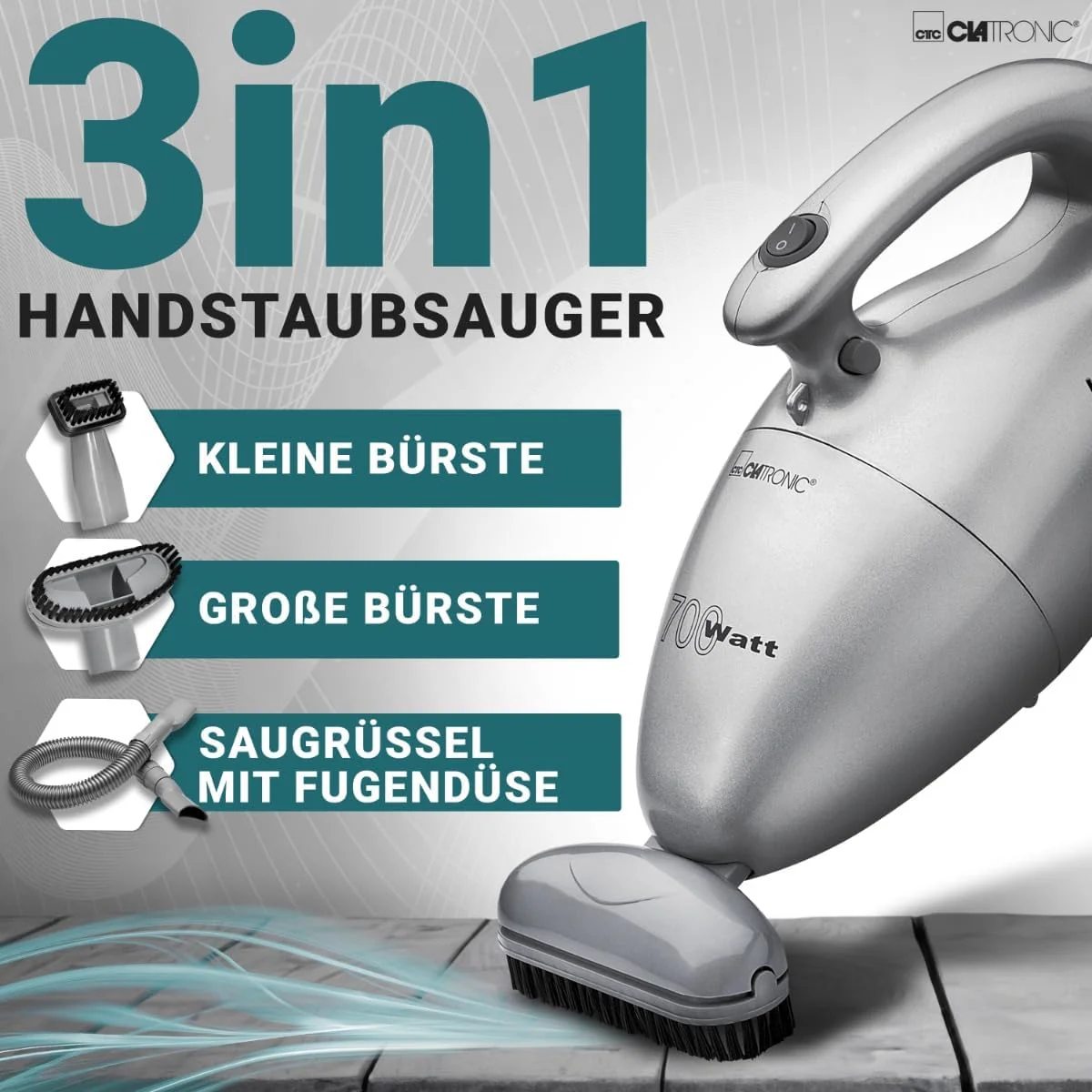 Clatronic® Handstaubsauger mit 700 Watt & geringem Gewicht | Staubsauger zum Absaugen von Polstern, Autos, Computer uvm. | Vacuum Cleaner mit 6m Kabel & permanent Staubfilter | inkl. Zubehör | HS 2631 - Image 2