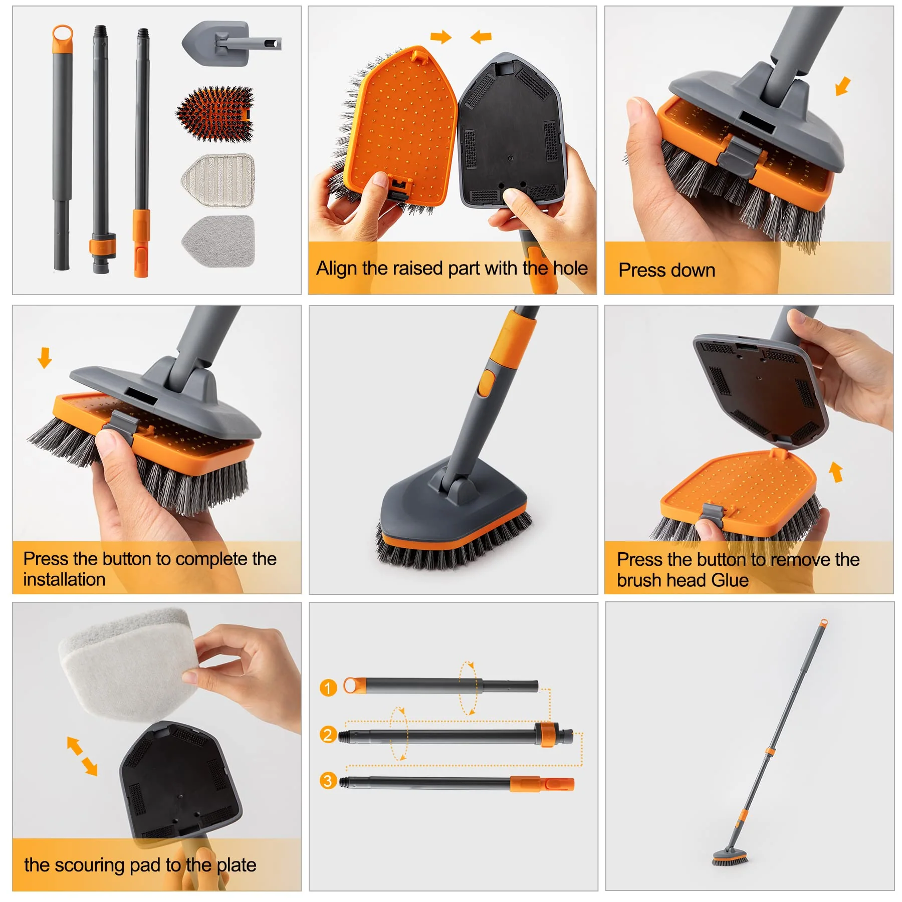CLEANHOME Schrubber mit Stiel 4-in-1,Reinigungsbürste Bad,Enthält Schrubberbürste 2 Stück Schwammtuch und Mikrofasertücher,142 cm Teleskop-Fliesenbürste,zum Reinigen von Badewanne,Boden,Fläche,Spalt. - Image 4