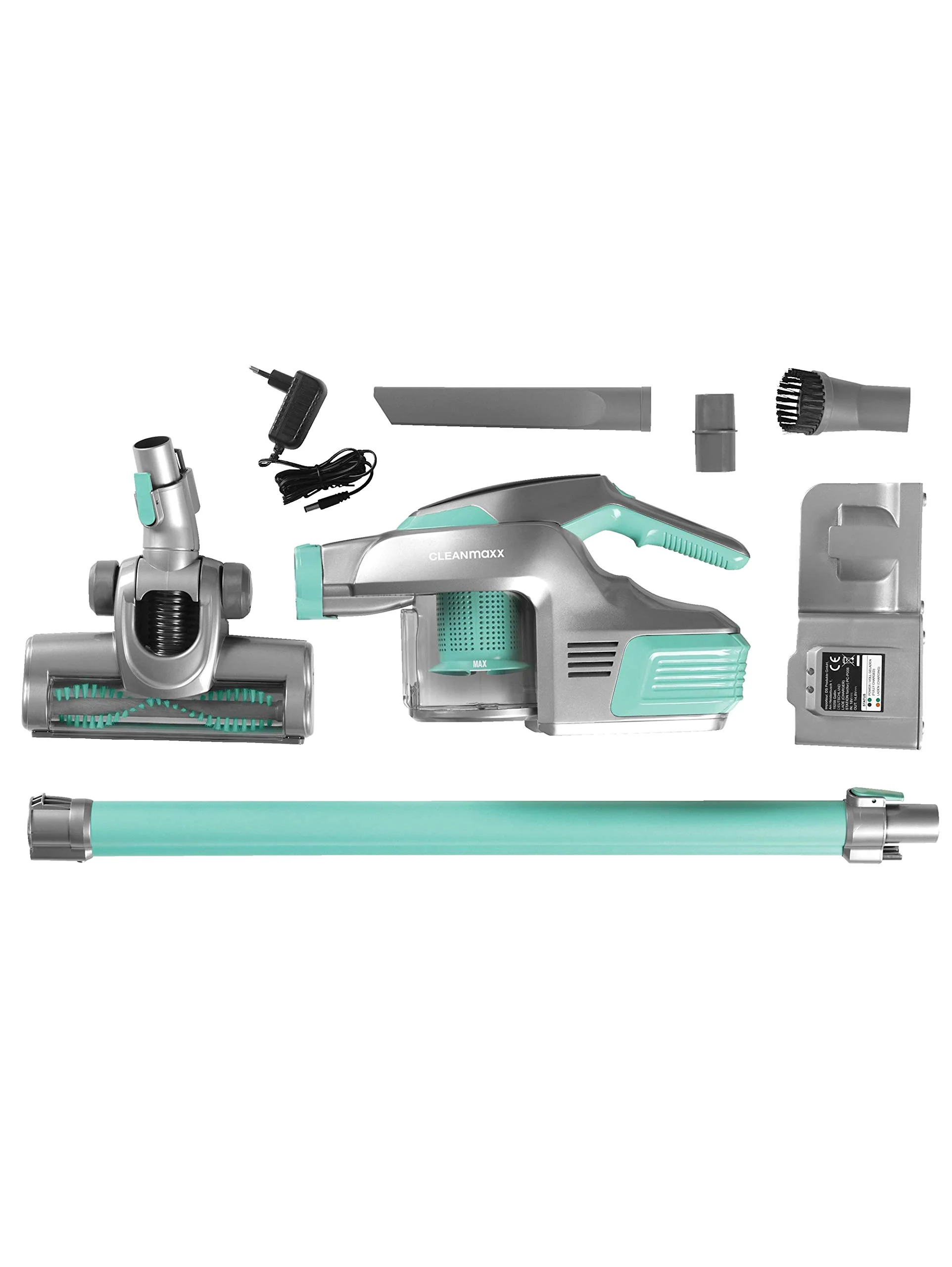 CLEANmaxx Akku-Zyklon-Staubsauger beutellos mit Akku | 2-in-1 Handstaubsauger, mit verschiedenen Düsen, Ideal für Tierhaare | Inkl. Wandhalterung mit integrierter Ladestation, 150 Watt [Türkis/Grau] - Image 3