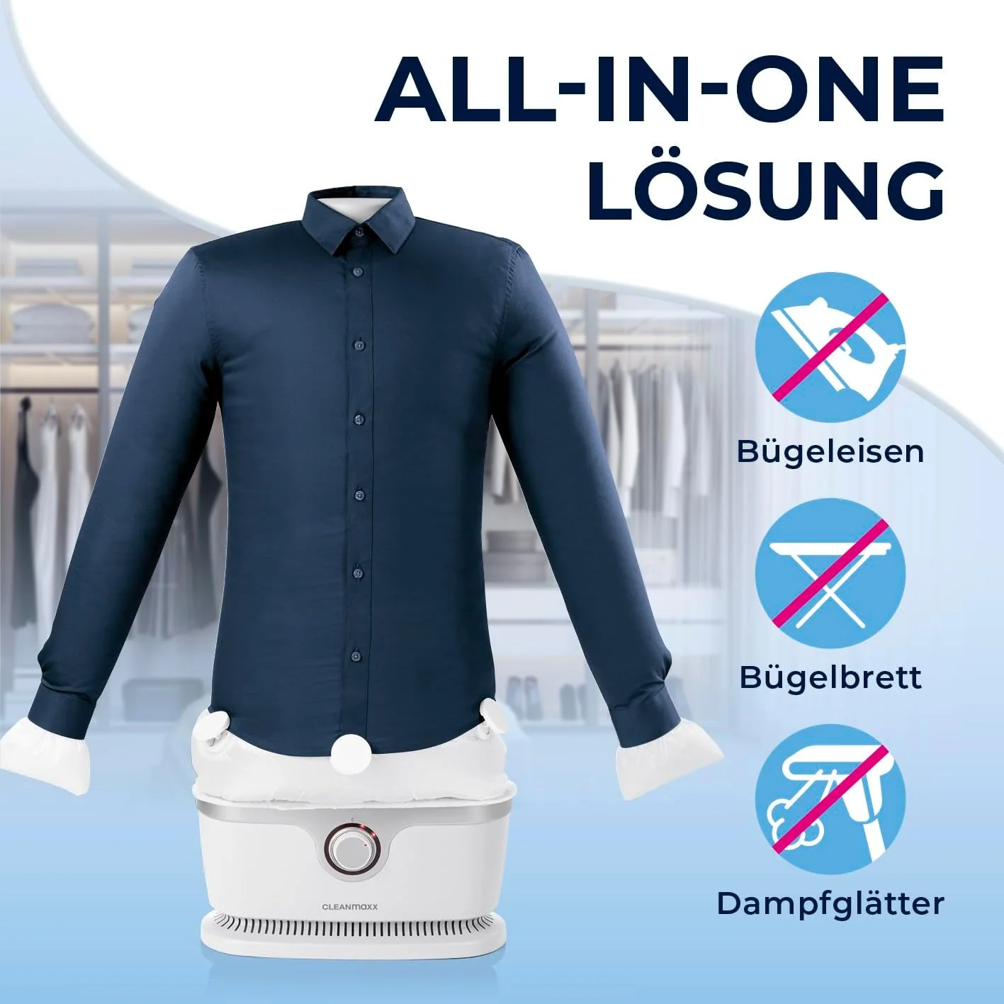 CLEANmaxx automatischer Hemdenbügler | Bügler für Hemden, Blusen & Hosen, schonender als Wäschetrockner und Bügeleisen | Trocknen und in Minuten knitterfrei [weiss] - Image 4