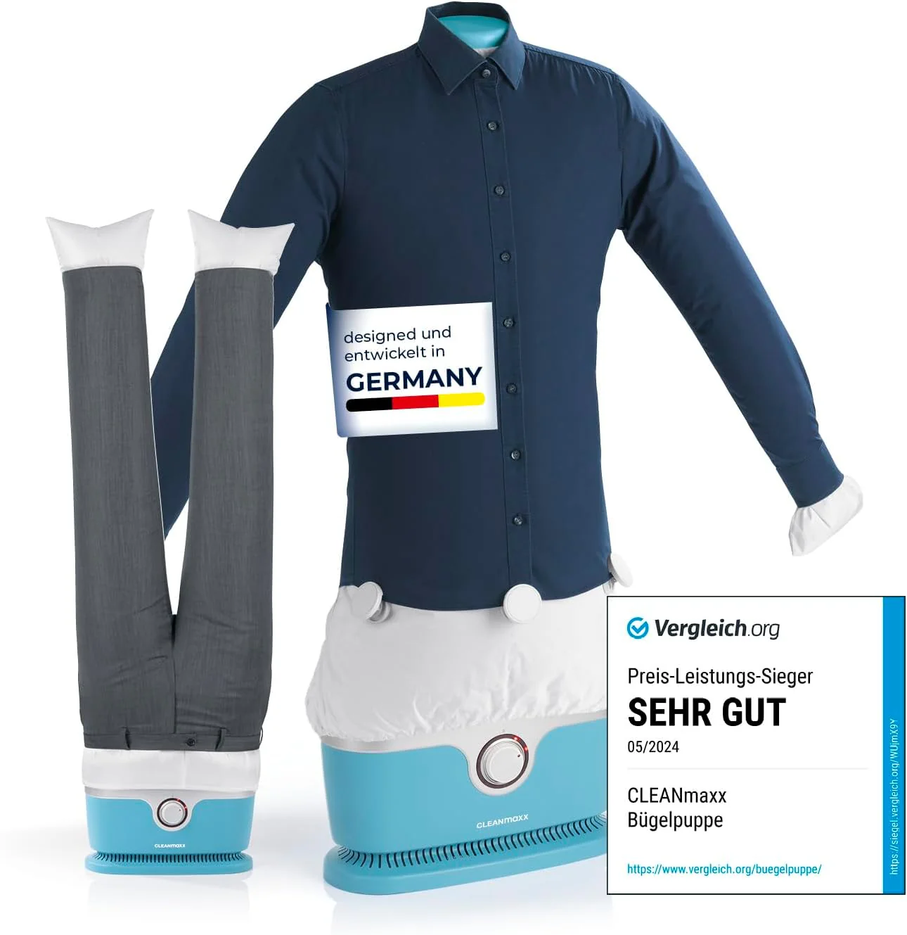 CLEANmaxx automatischer Hemdenbügler inklusive Hosenaufsatz | Bügler für Hemden, Blusen & Hosen, schonender als Wäschetrockner und Bügeleisen | Trocknen und in Minuten knitterfrei [hellblau] - Image 11