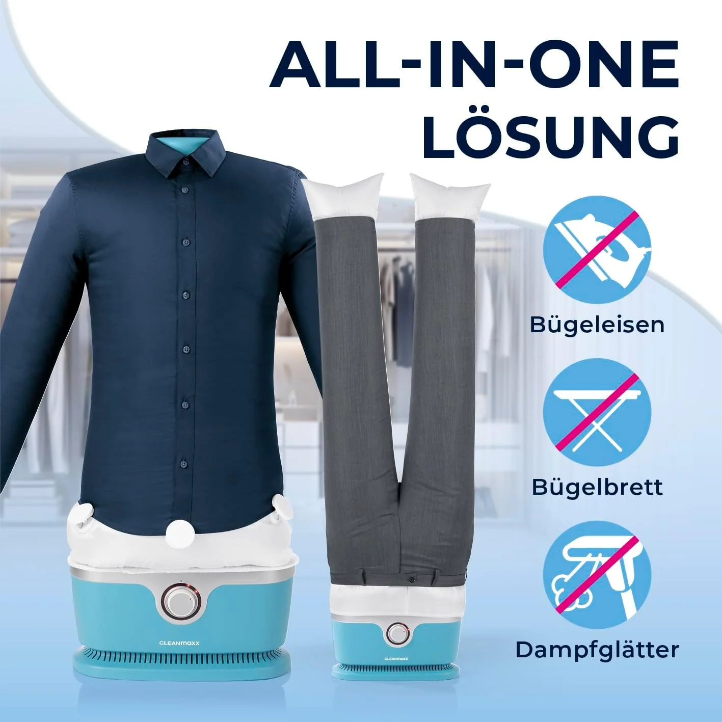 CLEANmaxx automatischer Hemdenbügler inklusive Hosenaufsatz | Bügler für Hemden, Blusen & Hosen, schonender als Wäschetrockner und Bügeleisen | Trocknen und in Minuten knitterfrei [hellblau] - Image 12