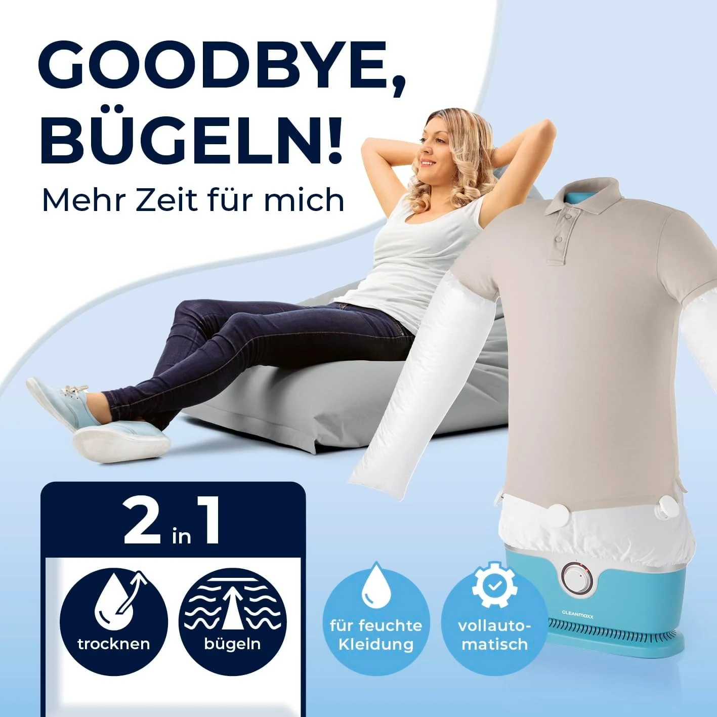 CLEANmaxx automatischer Hemdenbügler inklusive Hosenaufsatz | Bügler für Hemden, Blusen & Hosen, schonender als Wäschetrockner und Bügeleisen | Trocknen und in Minuten knitterfrei [hellblau] - Image 15