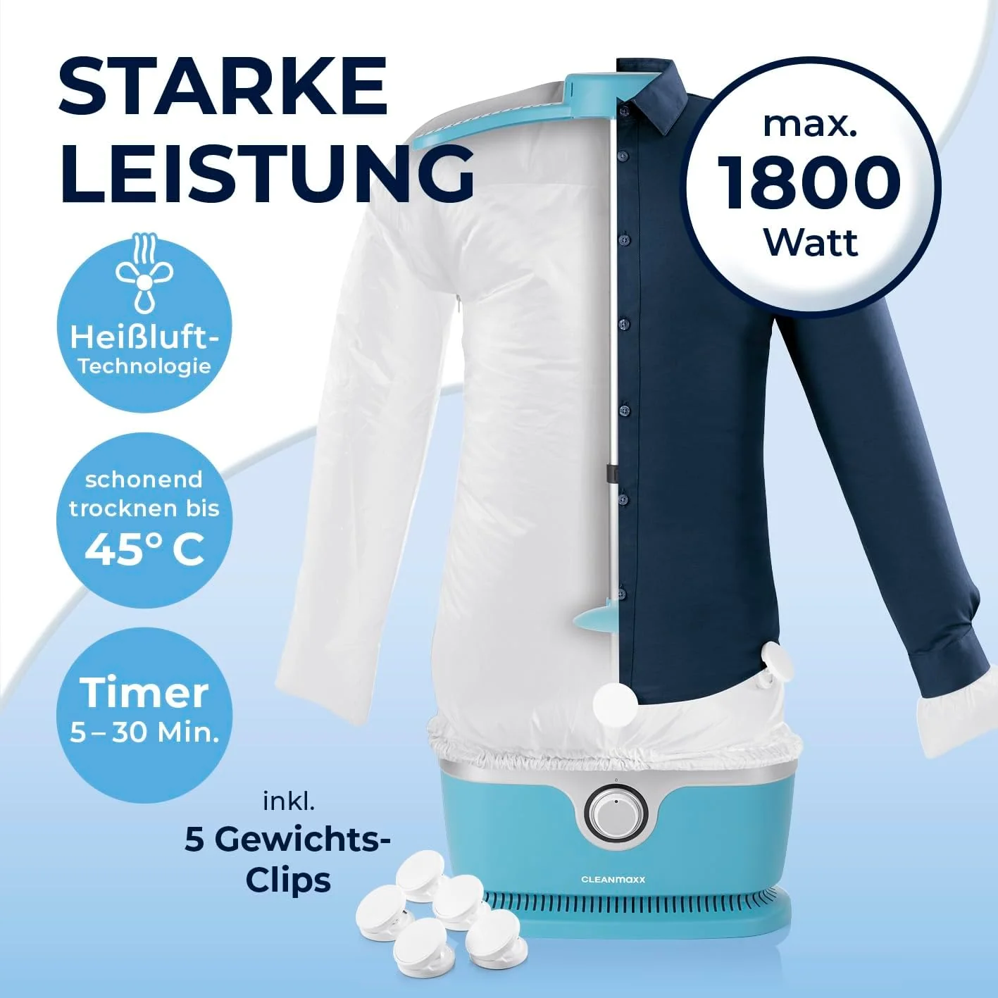 CLEANmaxx automatischer Hemdenbügler inklusive Hosenaufsatz | Bügler für Hemden, Blusen & Hosen, schonender als Wäschetrockner und Bügeleisen | Trocknen und in Minuten knitterfrei [hellblau] - Image 16