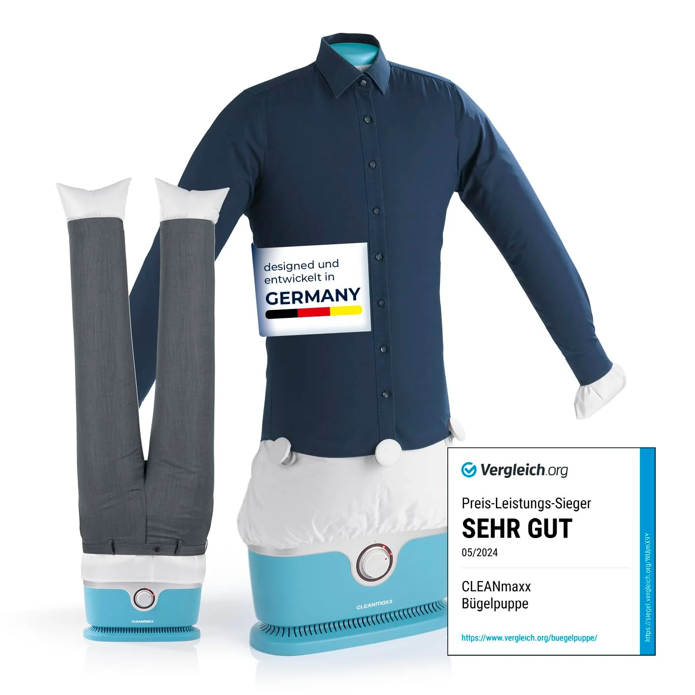 CLEANmaxx automatischer Hemdenbügler inklusive Hosenaufsatz | Bügler für Hemden, Blusen & Hosen, schonender als Wäschetrockner und Bügeleisen | Trocknen und in Minuten knitterfrei [hellblau] - Image 17