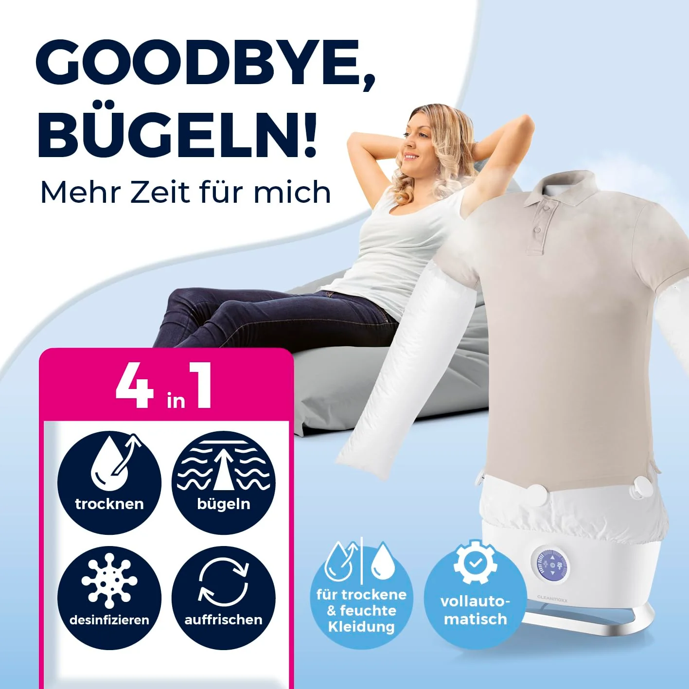 CLEANmaxx automatischer Hemdenbügler mit Dampffunktion | Innovativer Bügler für Hemden & Blusen, Bügelautomat | Schonender als Wäschetrockner und Bügeleisen, 2 Programme, Touch Display - Image 2