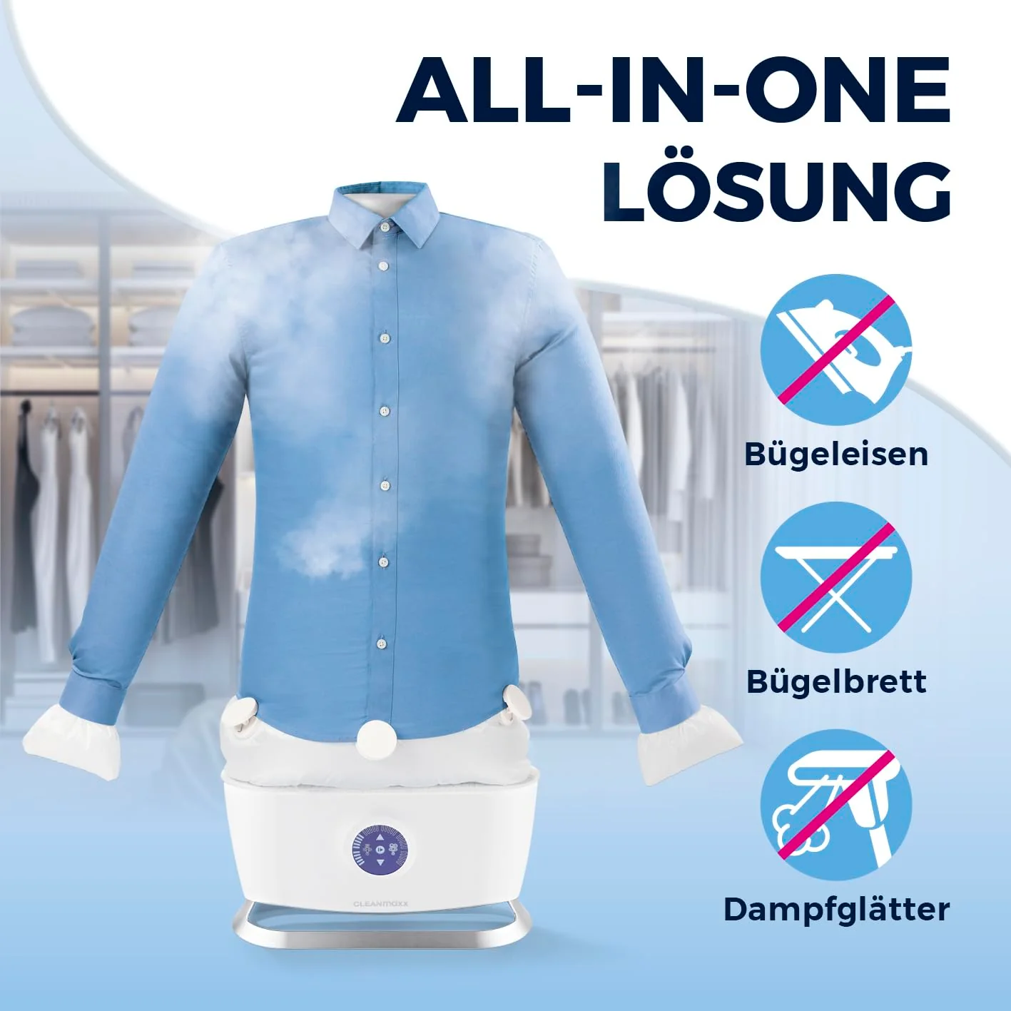 CLEANmaxx automatischer Hemdenbügler mit Dampffunktion | Innovativer Bügler für Hemden & Blusen, Bügelautomat | Schonender als Wäschetrockner und Bügeleisen, 2 Programme, Touch Display - Image 8