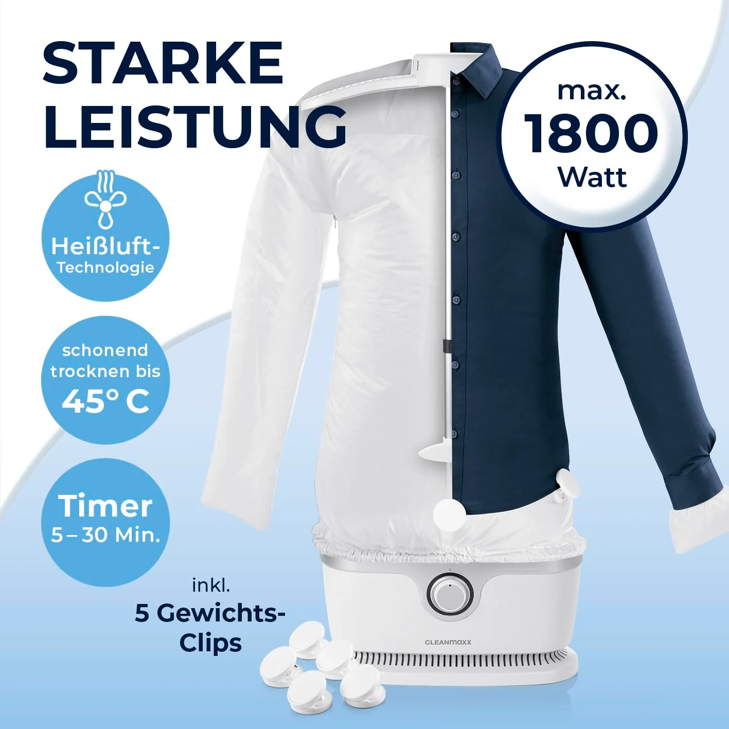 CLEANmaxx automatischer Hemdenbügler PRO | ersetzt Bügeleisen, Bügelbrett, Dampfglätter und Steamer | Bügelgerät mit Bügelpuppe für Hemden, Blusen & Shirts | innovativ & effizient, weiß - Image 11
