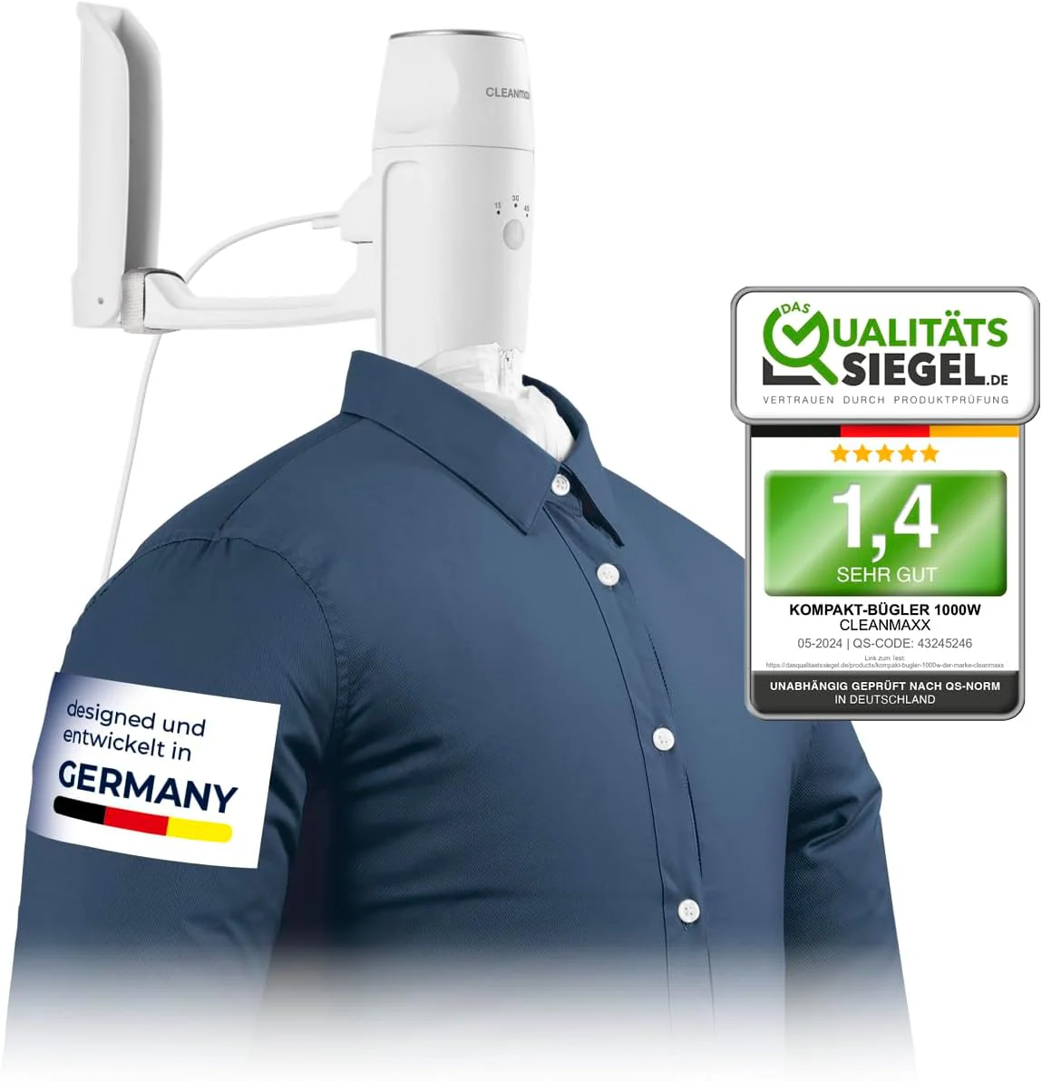 CLEANmaxx automatischer Hemdenbügler PRO KOMPAKT | handlich & platzsparend, ersetzt Bügeleisen & Dampfglätter | Bügelgerät mit Bügelpuppe zum Anhängen an die Tür | für Hemden & Co, weiß - Image 11