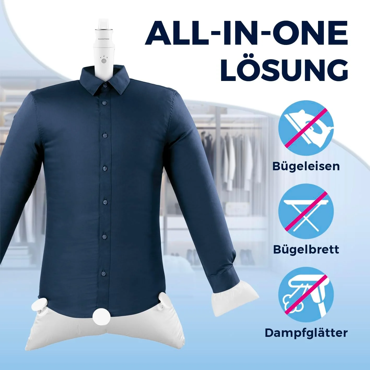 CLEANmaxx automatischer Hemdenbügler PRO KOMPAKT | handlich & platzsparend, ersetzt Bügeleisen & Dampfglätter | Bügelgerät mit Bügelpuppe zum Anhängen an die Tür | für Hemden & Co, weiß - Image 17