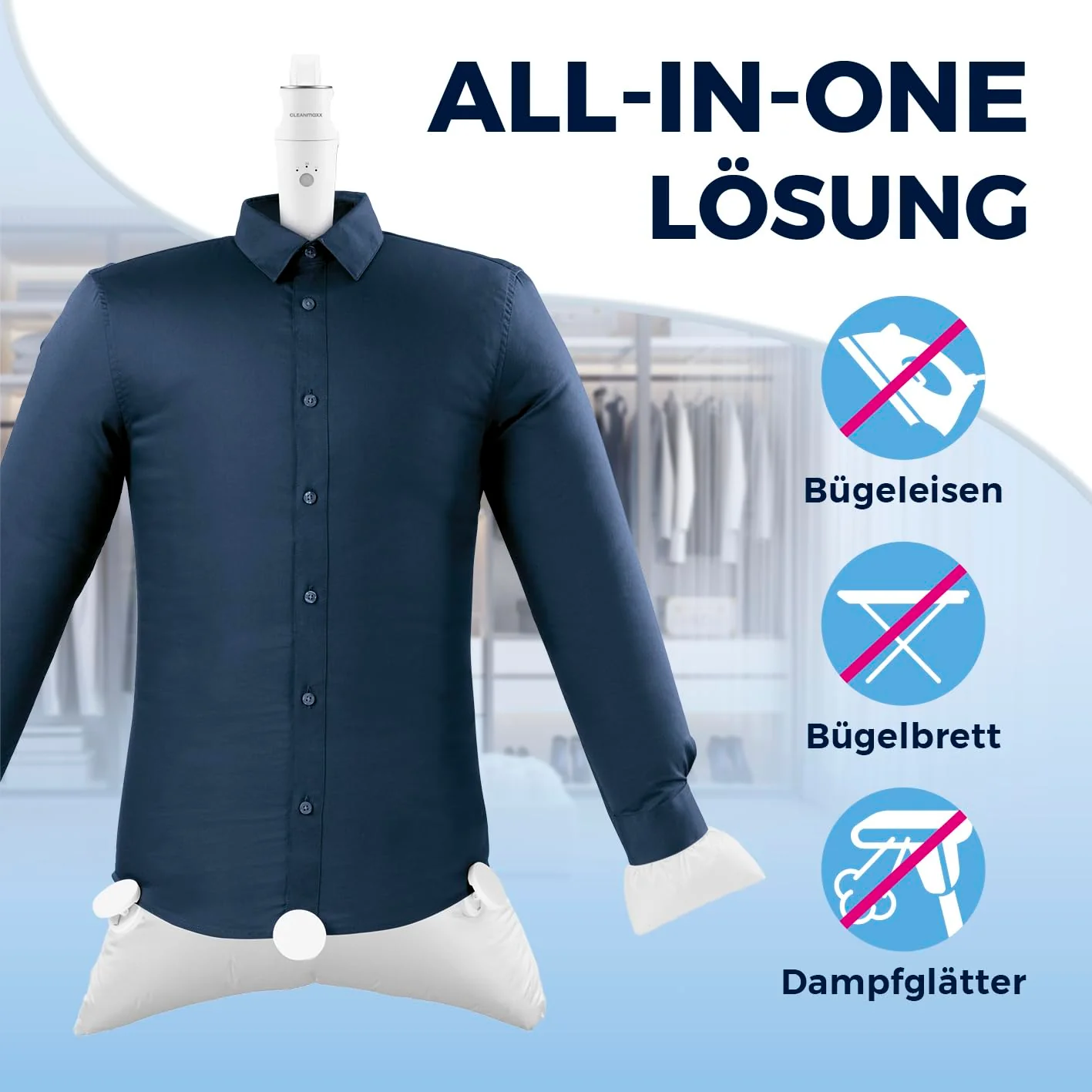 CLEANmaxx automatischer Hemdenbügler PRO KOMPAKT | handlich & platzsparend, ersetzt Bügeleisen & Dampfglätter | Bügelgerät mit Bügelpuppe zum Anhängen an die Tür | für Hemden & Co, weiß - Image 18