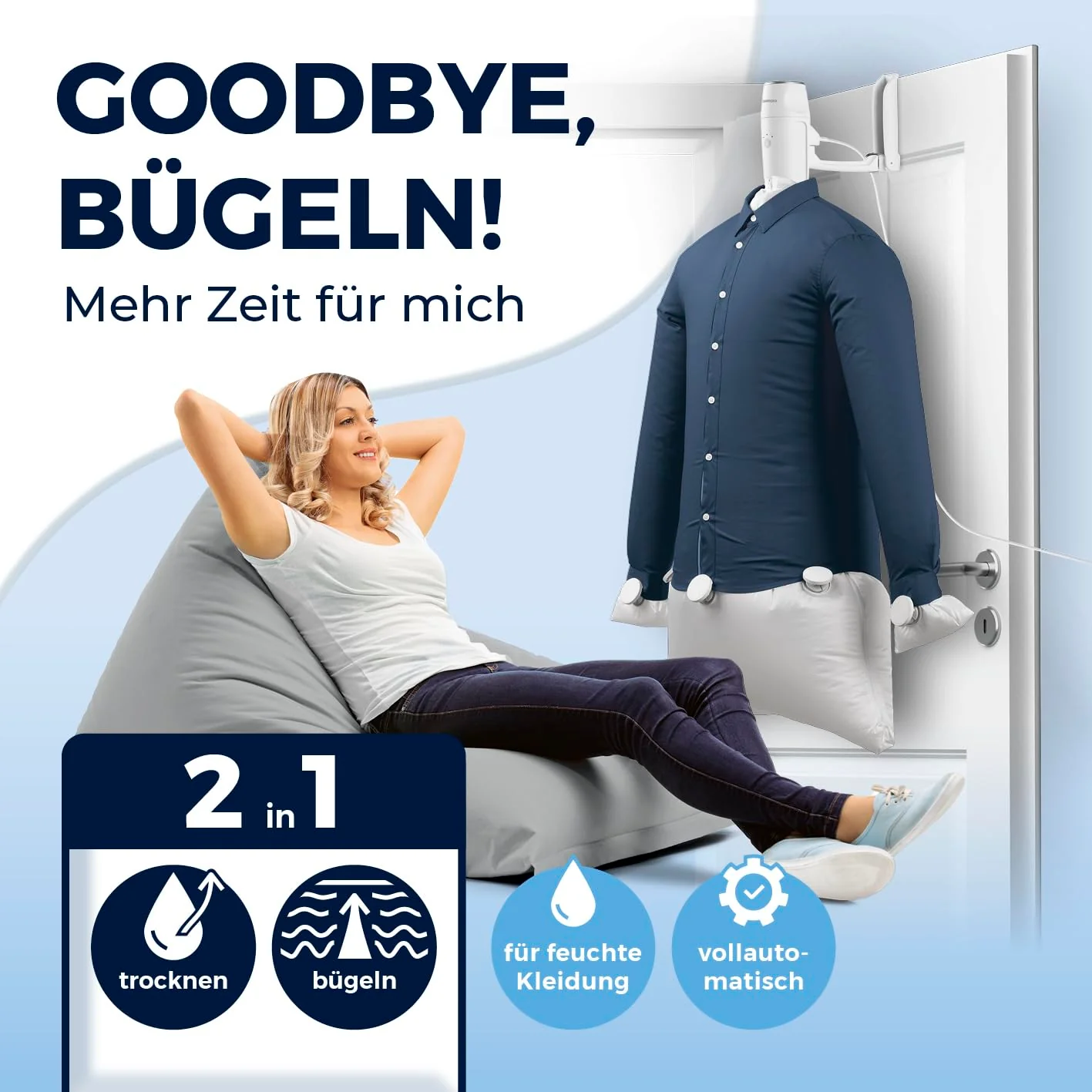 CLEANmaxx automatischer Hemdenbügler PRO KOMPAKT | handlich & platzsparend, ersetzt Bügeleisen & Dampfglätter | Bügelgerät mit Bügelpuppe zum Anhängen an die Tür | für Hemden & Co, weiß - Image 8