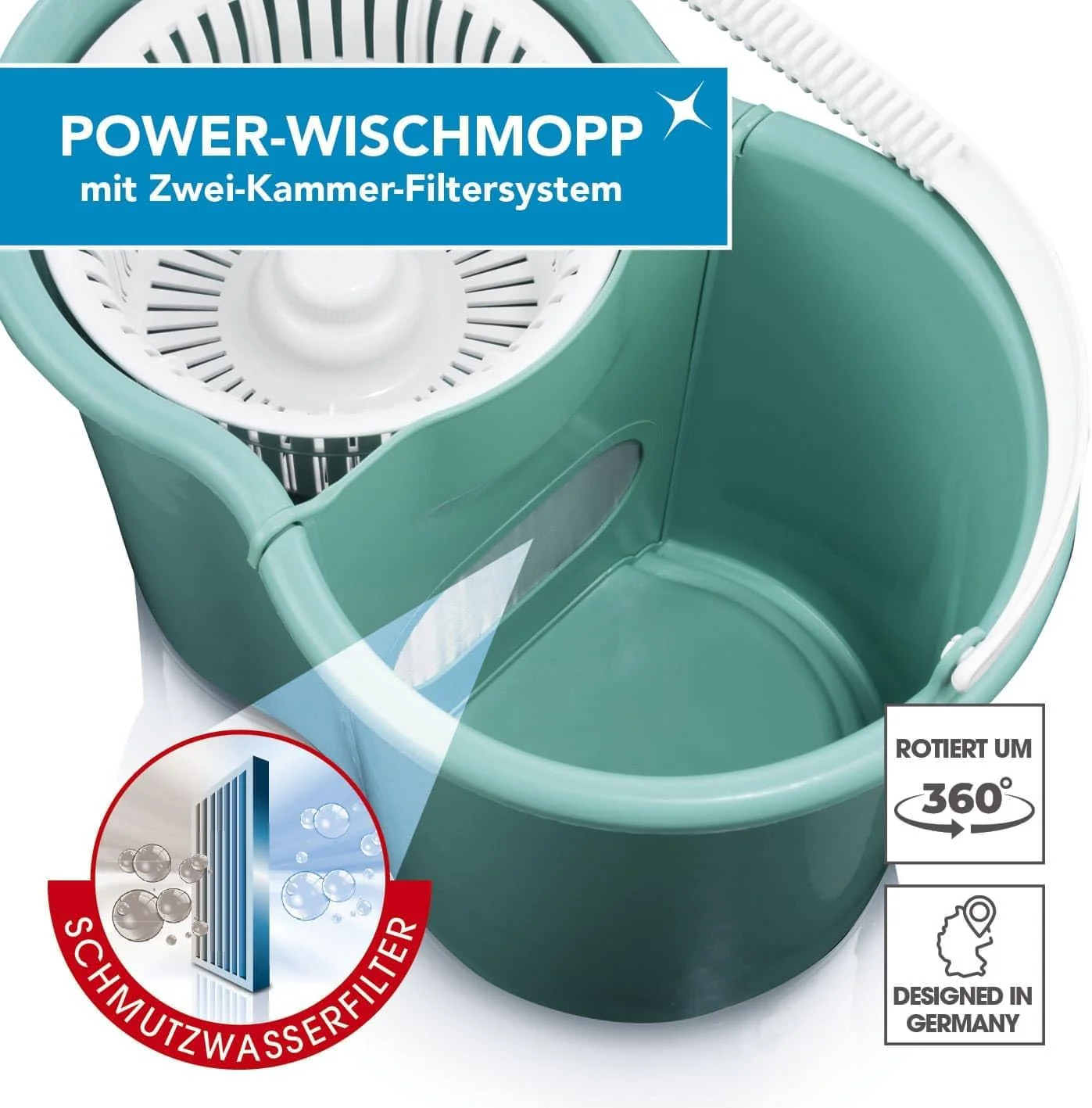 CLEANmaxx Power-Wischmopp mit Zwei-Kammer-Filtersystem | Designed in Deutschland - Schmutzwasser wird gefiltert, leichtes Auswringen für streifenfreie Sauberkeit | Ideal für Laminat, Parkett & Fliesen - Image 10