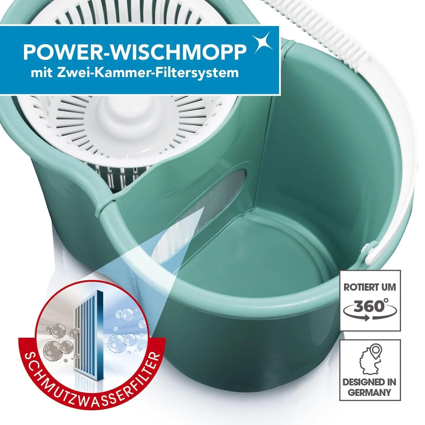 CLEANmaxx Power-Wischmopp mit Zwei-Kammer-Filtersystem | Designed in Deutschland - Schmutzwasser wird gefiltert, leichtes Auswringen für streifenfreie Sauberkeit | Ideal für Laminat, Parkett & Fliesen - Image 16