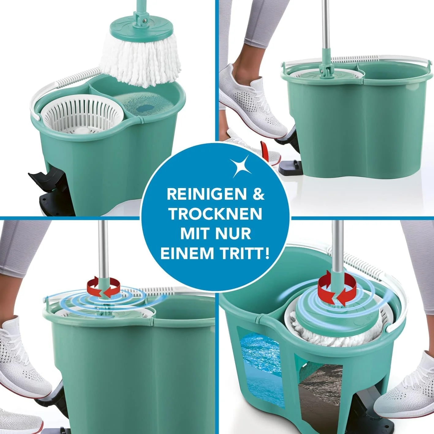 CLEANmaxx Power-Wischmopp mit Zwei-Kammer-Filtersystem | Designed in Deutschland - Schmutzwasser wird gefiltert, leichtes Auswringen für streifenfreie Sauberkeit | Ideal für Laminat, Parkett & Fliesen - Image 2